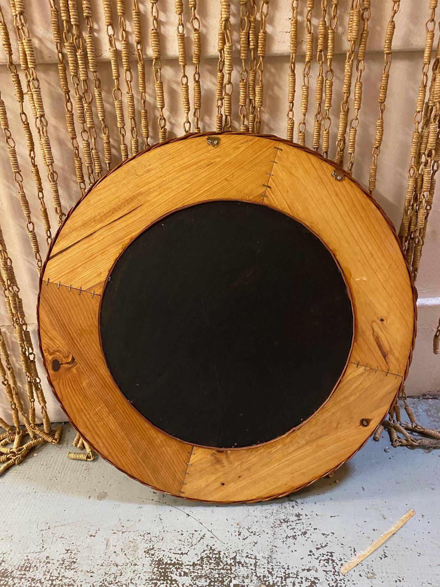 Old vintage round braided wicker mirror 1970s