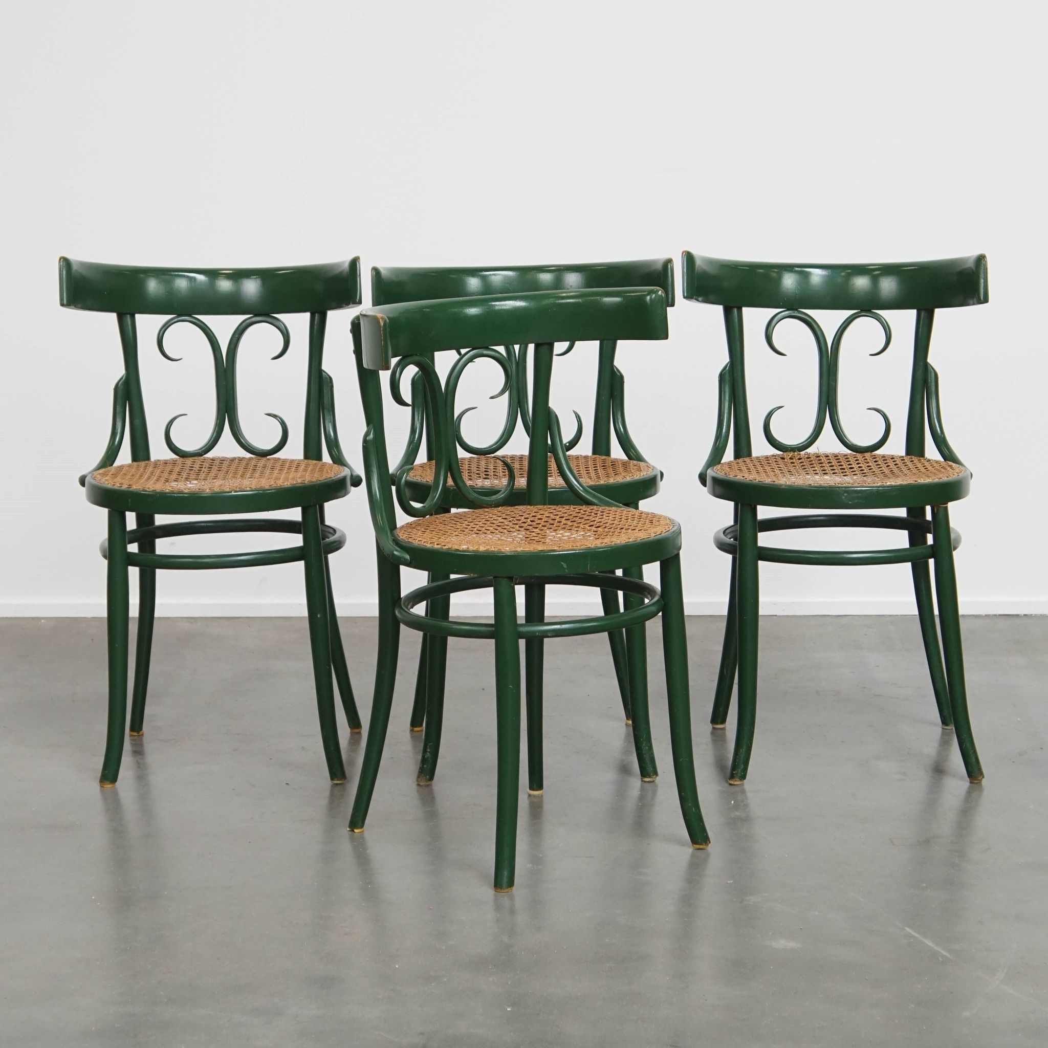 Set of 4 Green Vintage Bistro Chairs with Woven Rattan Seats