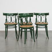 Set of 4 Green Vintage Bistro Chairs with Woven Rattan Seats