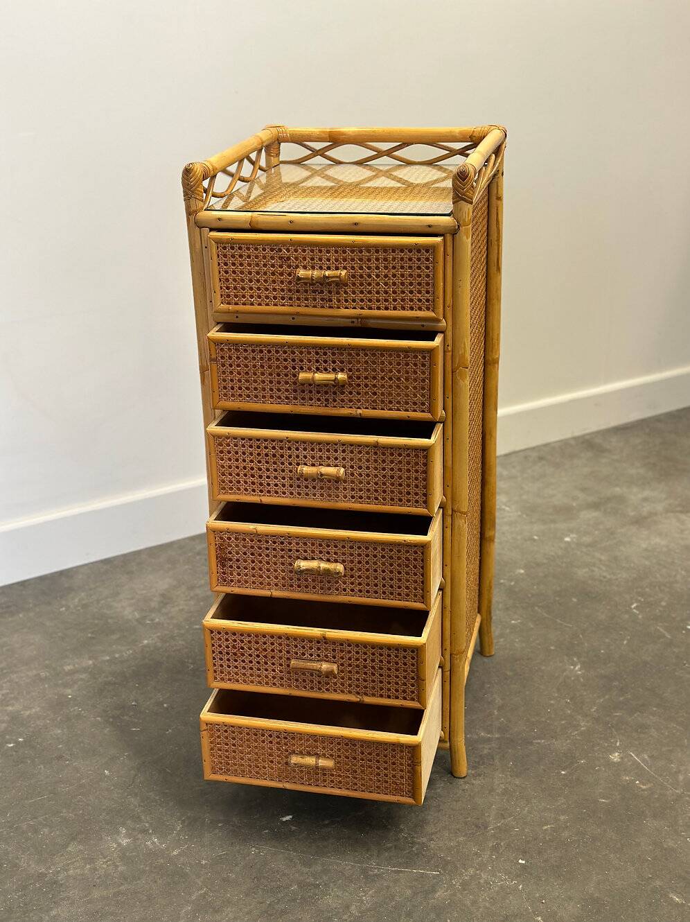 Mid-century rattan highboy / tallboy chest of drawers by Angraves, England, 1970