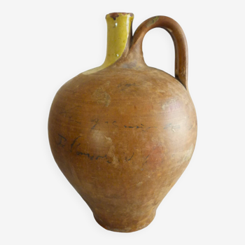 Large jug, old "plongeon", yellow glazed terracotta, popular art
