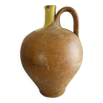 Large jug, old "plongeon", yellow glazed terracotta, popular art