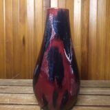 Ancien vase soliflore céramique rouge bleu noir années 70 vintage #a411