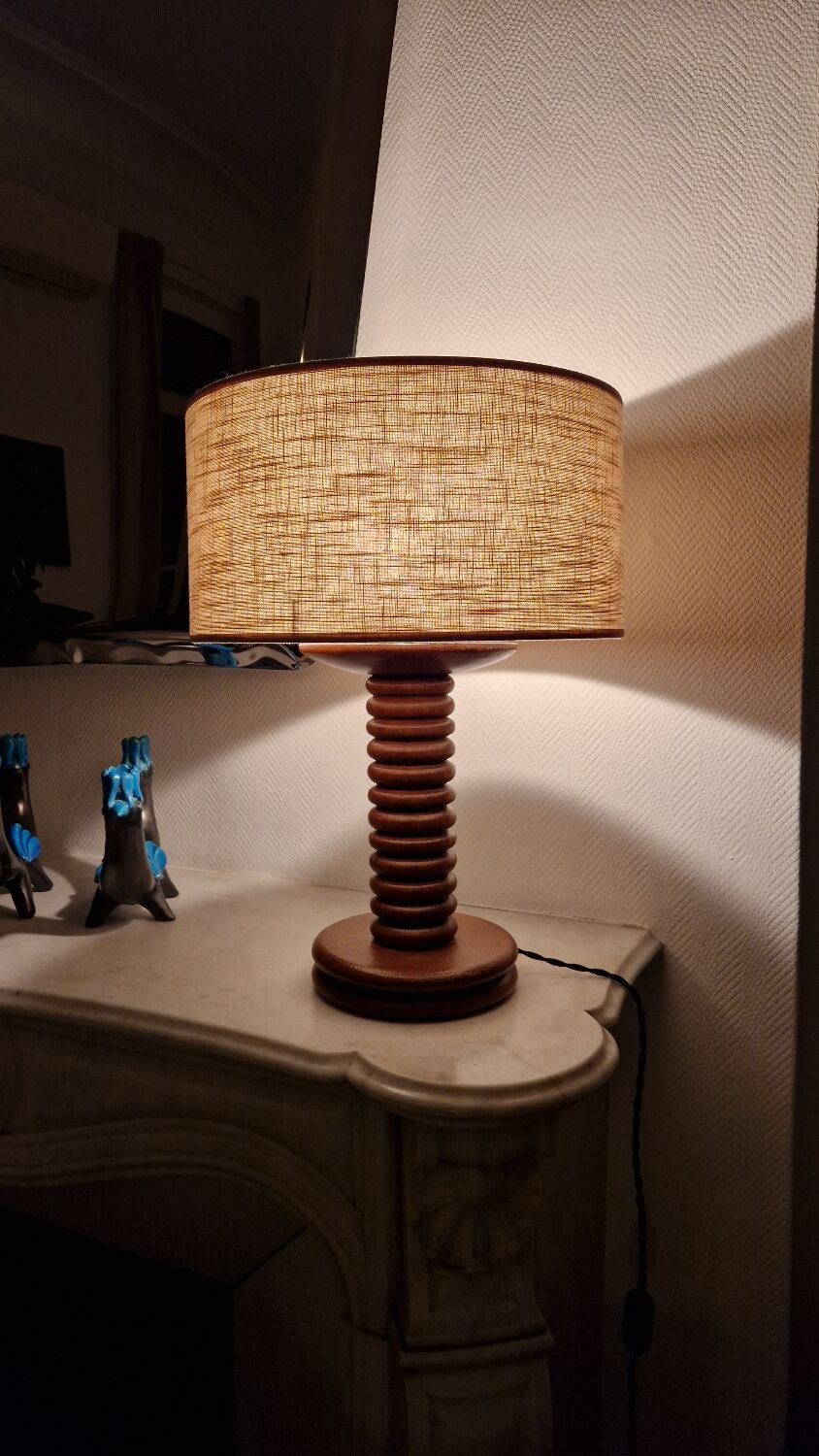 Vintage turned wooden lamp Art Deco style