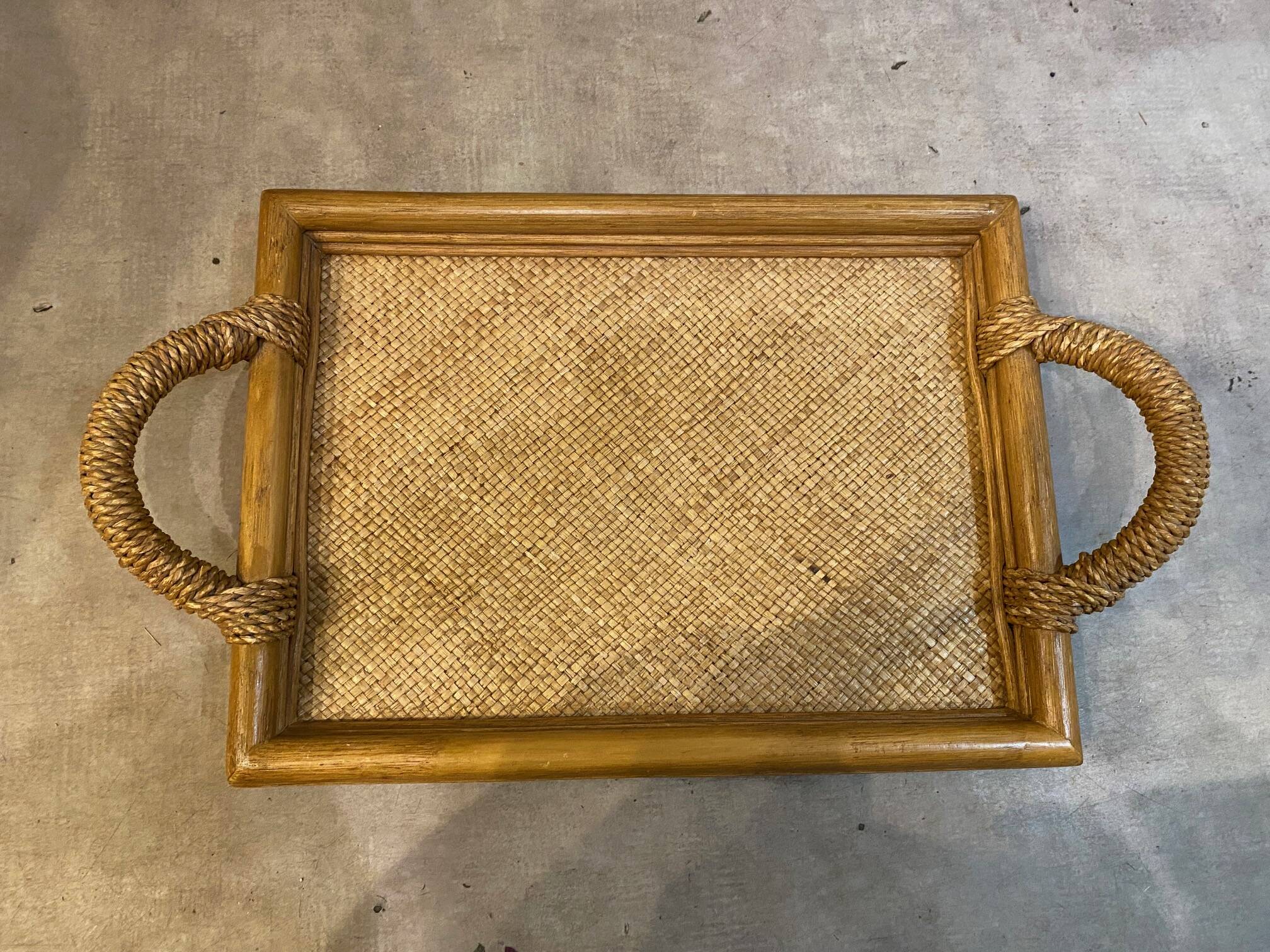 Rectangular rattan and weaved mat tray with double handles