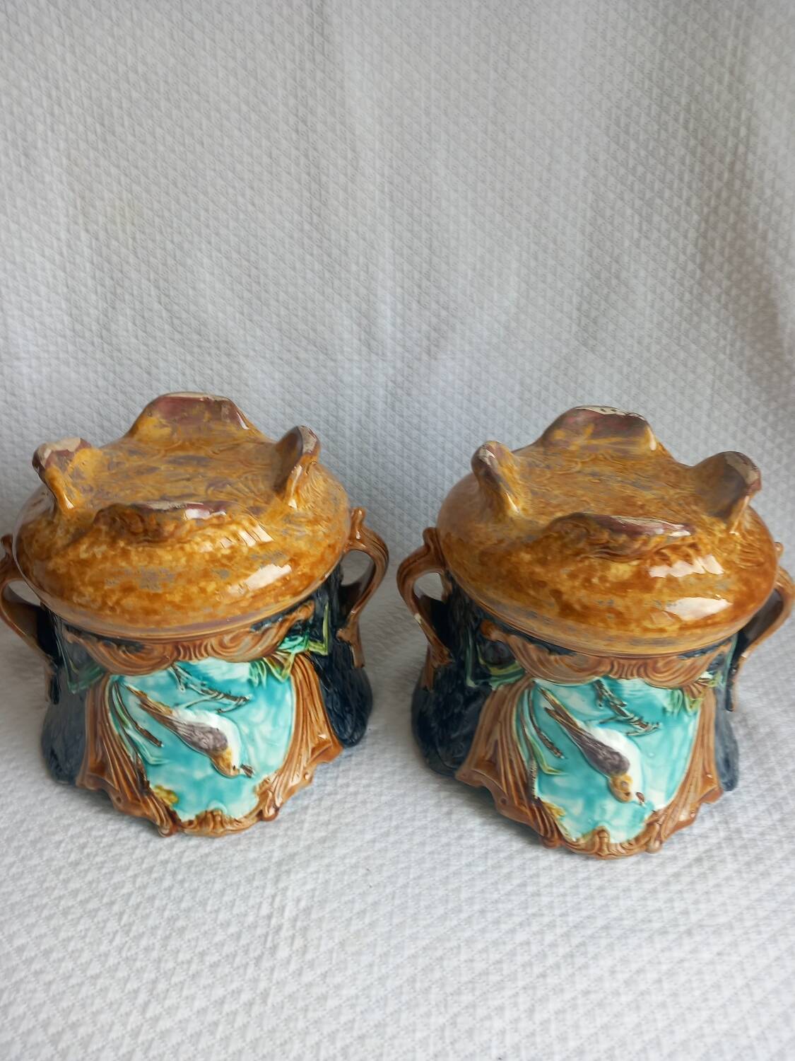 Pair of antique cache-pots in majolica – Art Nouveau 19th century