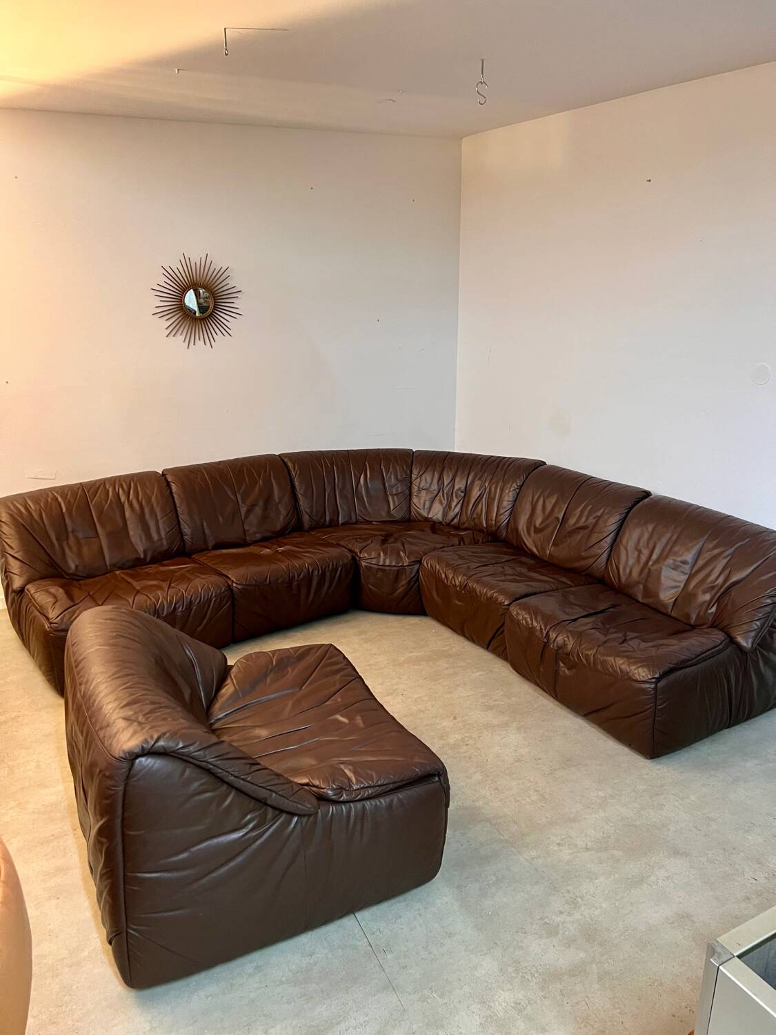 Large modular sofa with brown leather armchair 80s design dreipunkt vintage sofa