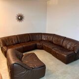 Large modular sofa with brown leather armchair 80s design dreipunkt vintage sofa
