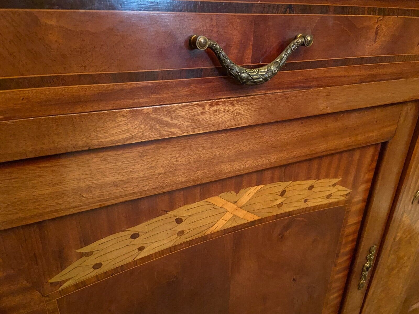 Sideboard two body mirror top marble decoration inlaid bronze Louis XVI