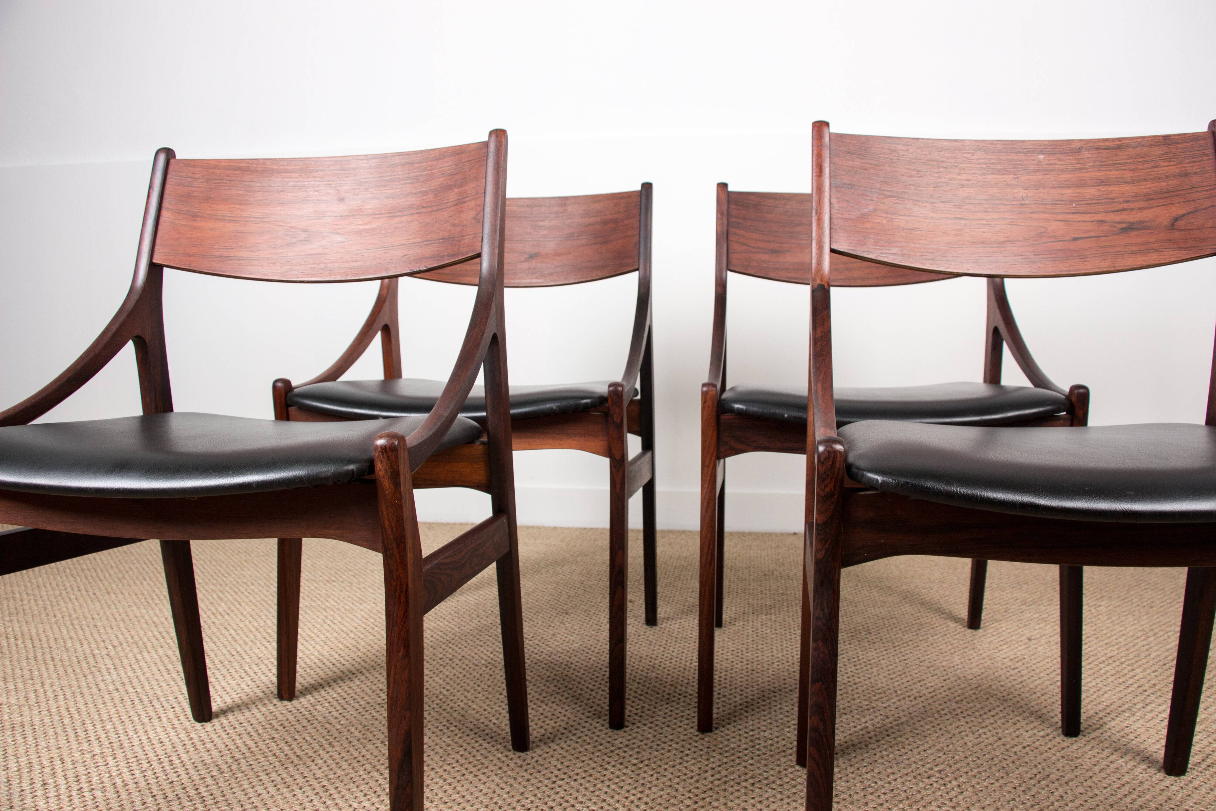 4 chaises danoises en palissandre et skaï noir par Vestervig Eriksen, 1960
