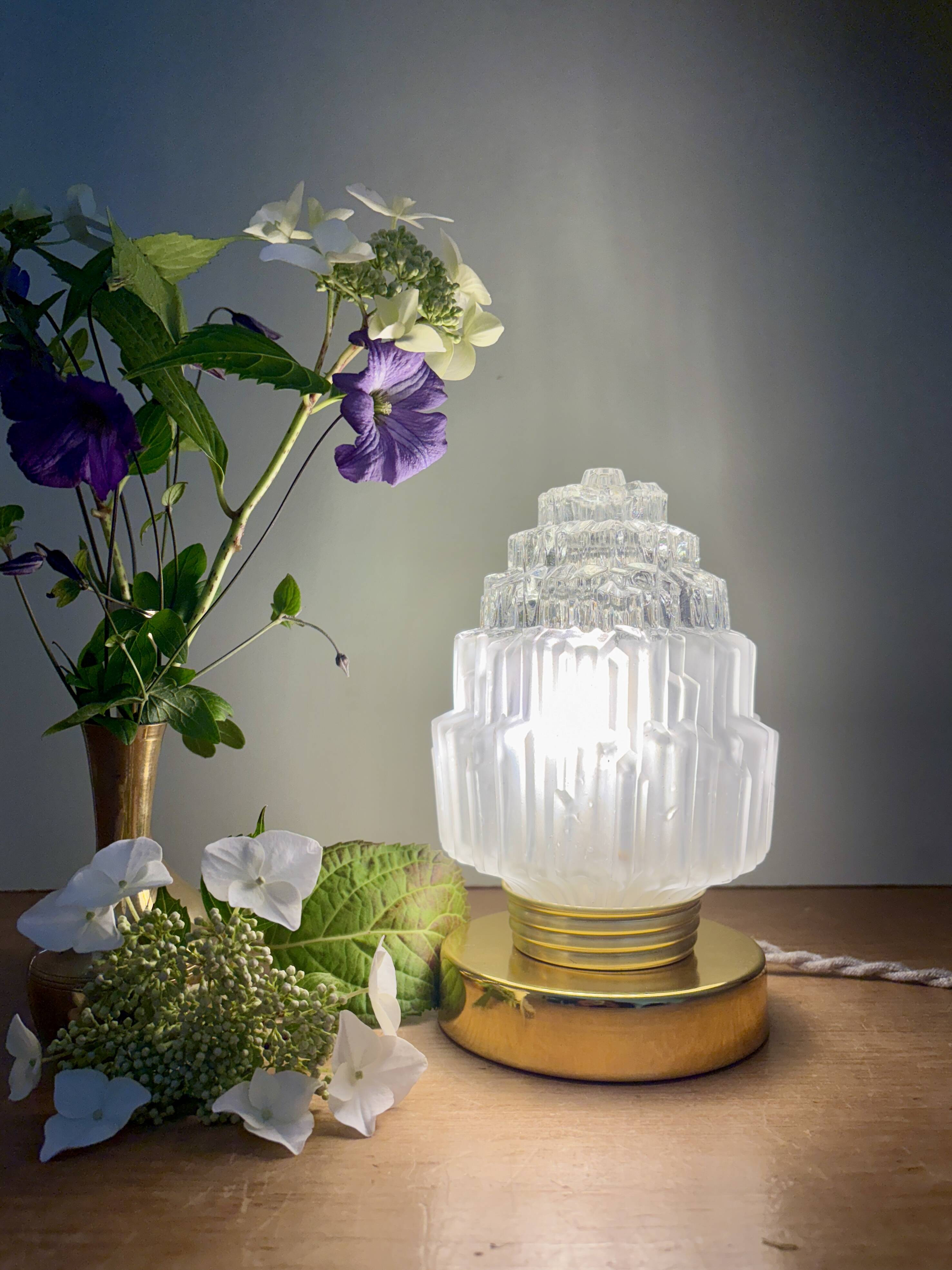 Vintage globe table lamp in half frosted, half transparent glass