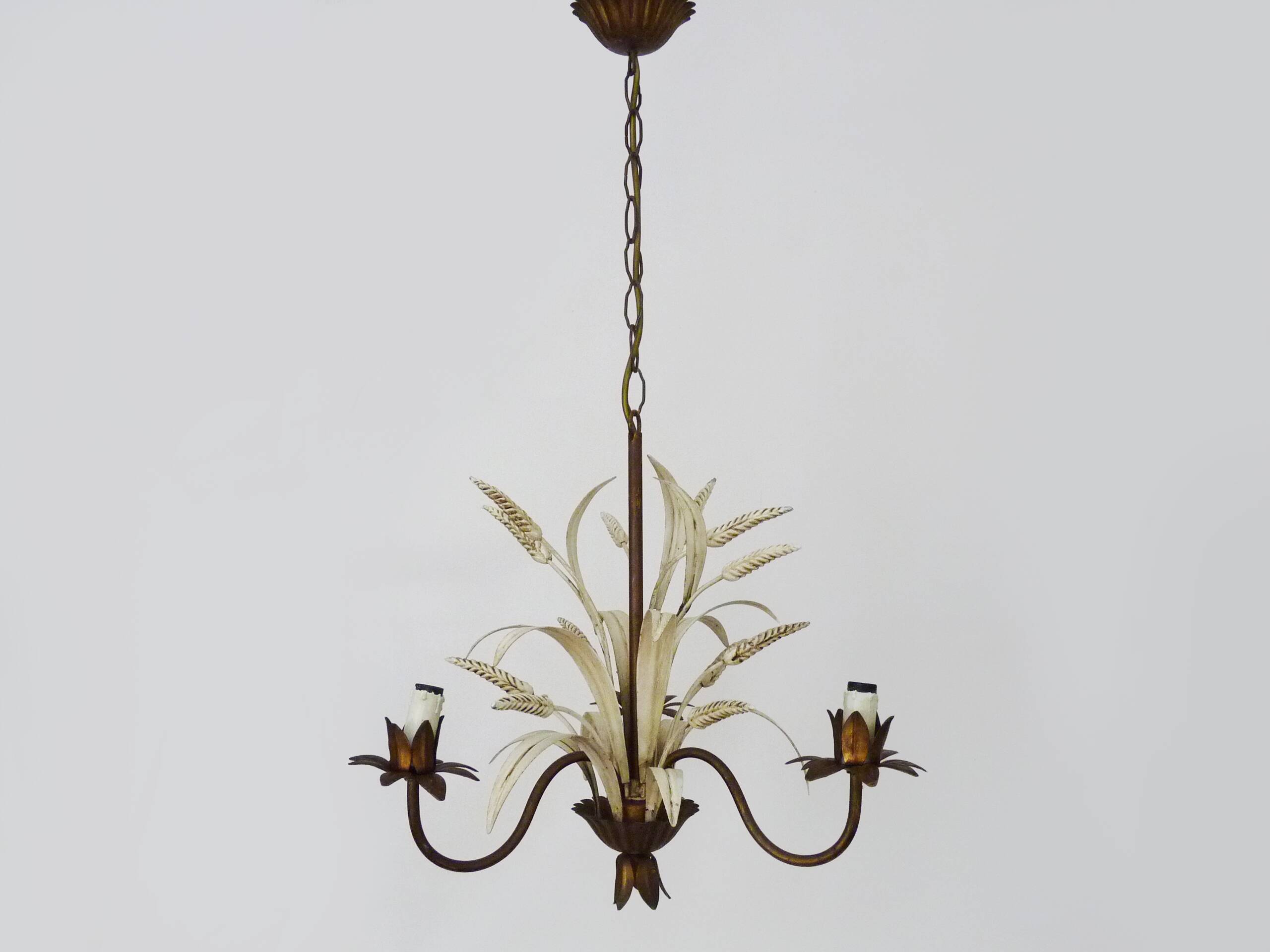 Vintage Maison Masca wheat ear chandelier in aged metal from the 70s