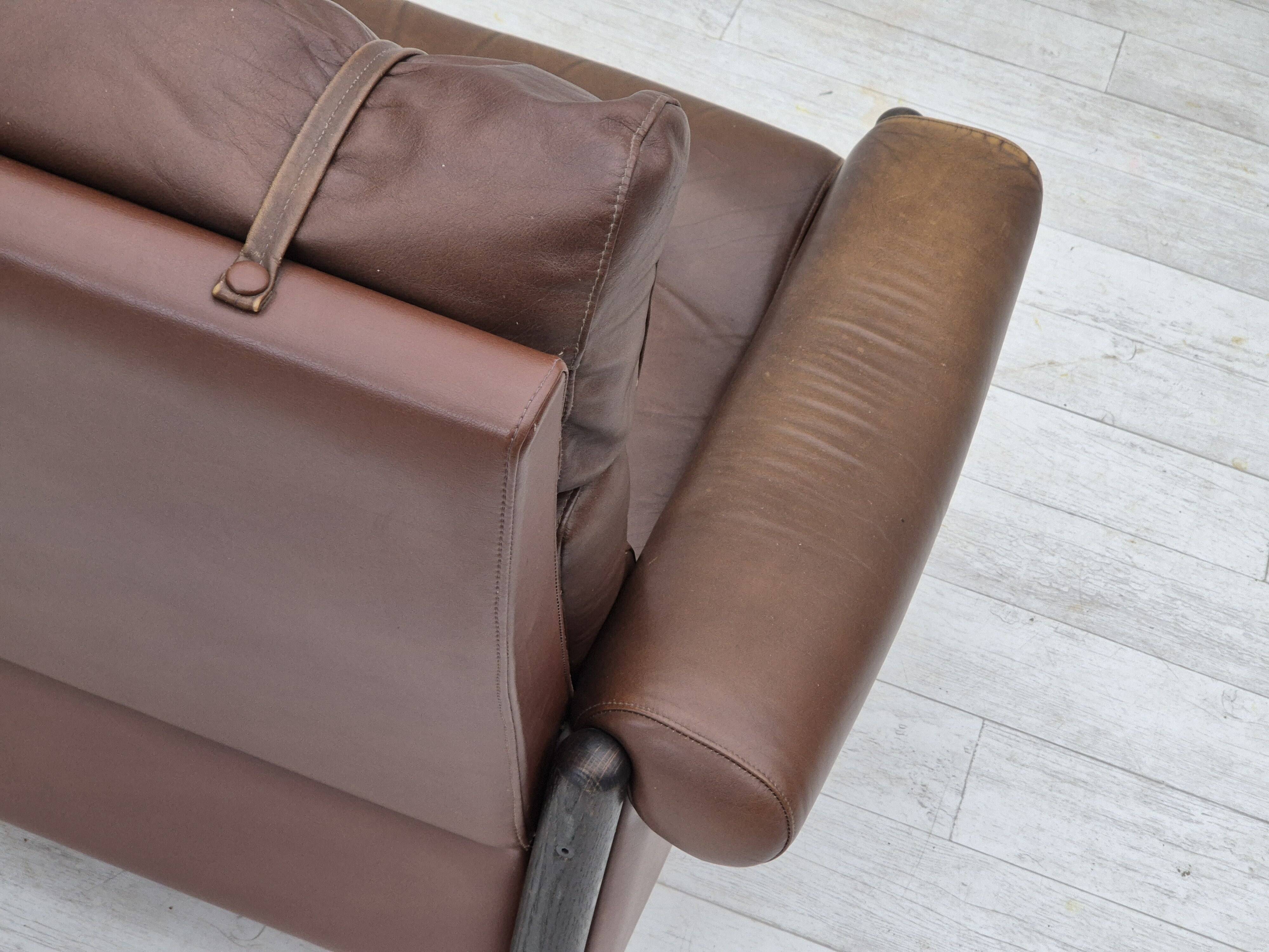 1970s, Danish armchair, original condition, furniture leather, dark oak wood.