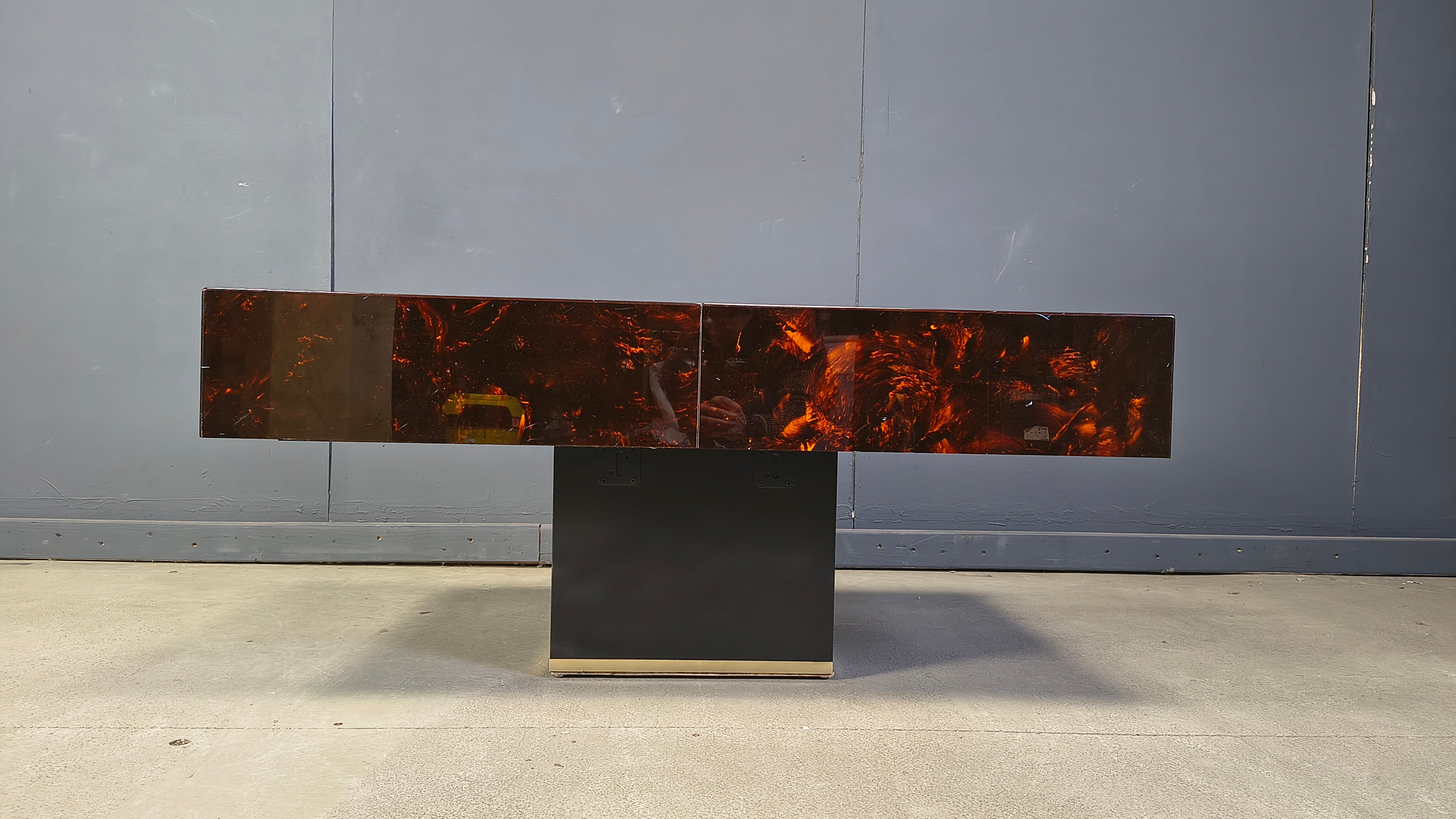 Table basse à café vintage avec bar caché par Eric Maville et Jean Claude Mahey