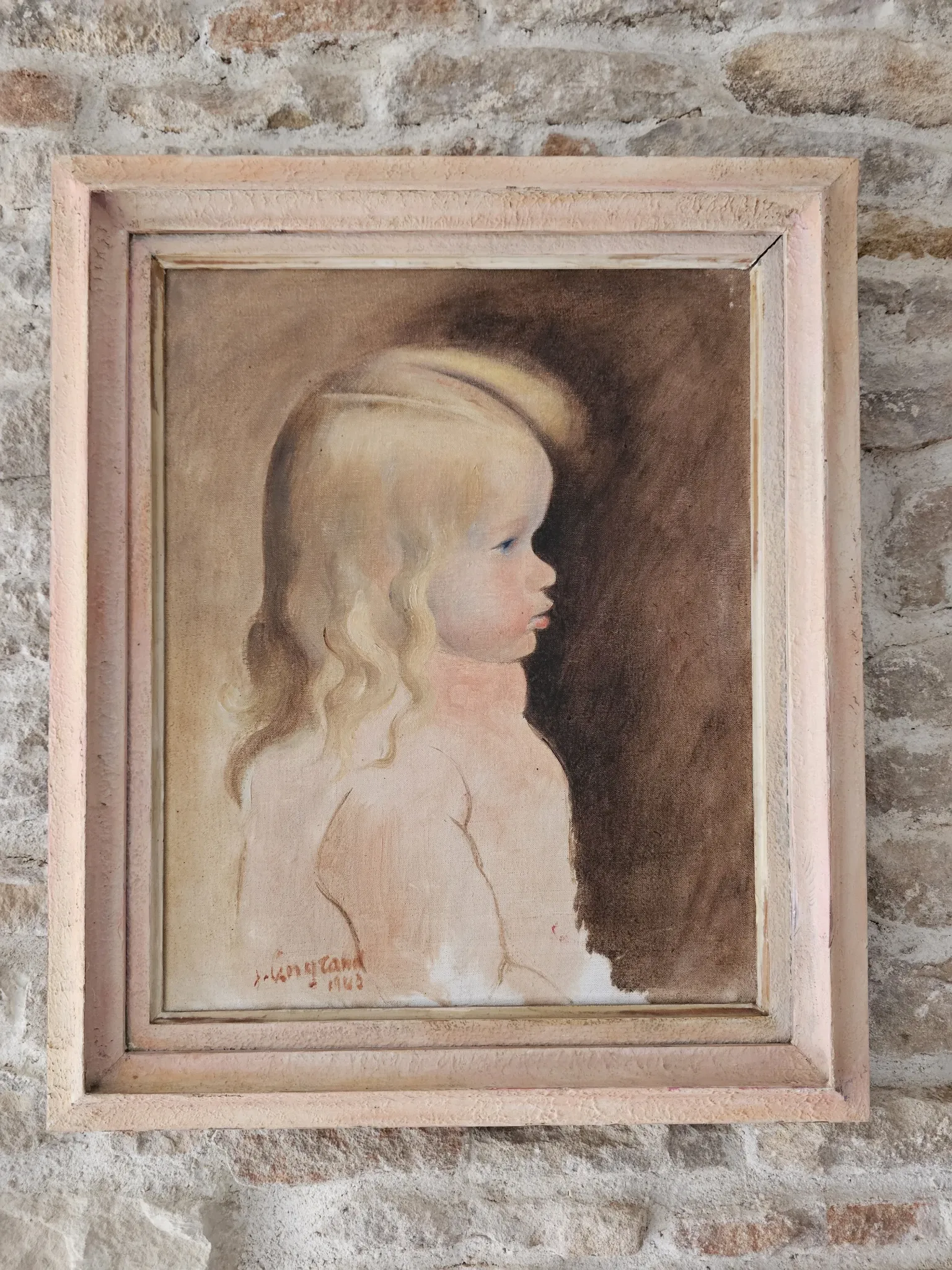 Oil on Canvas Painting of a Child - Young Girl Signed Longrand 1963