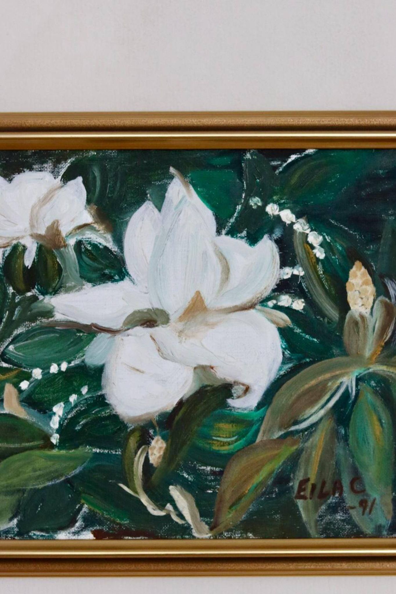 Huile sur toile « Motifs floraux » par Eila C, Suède milieu XXème