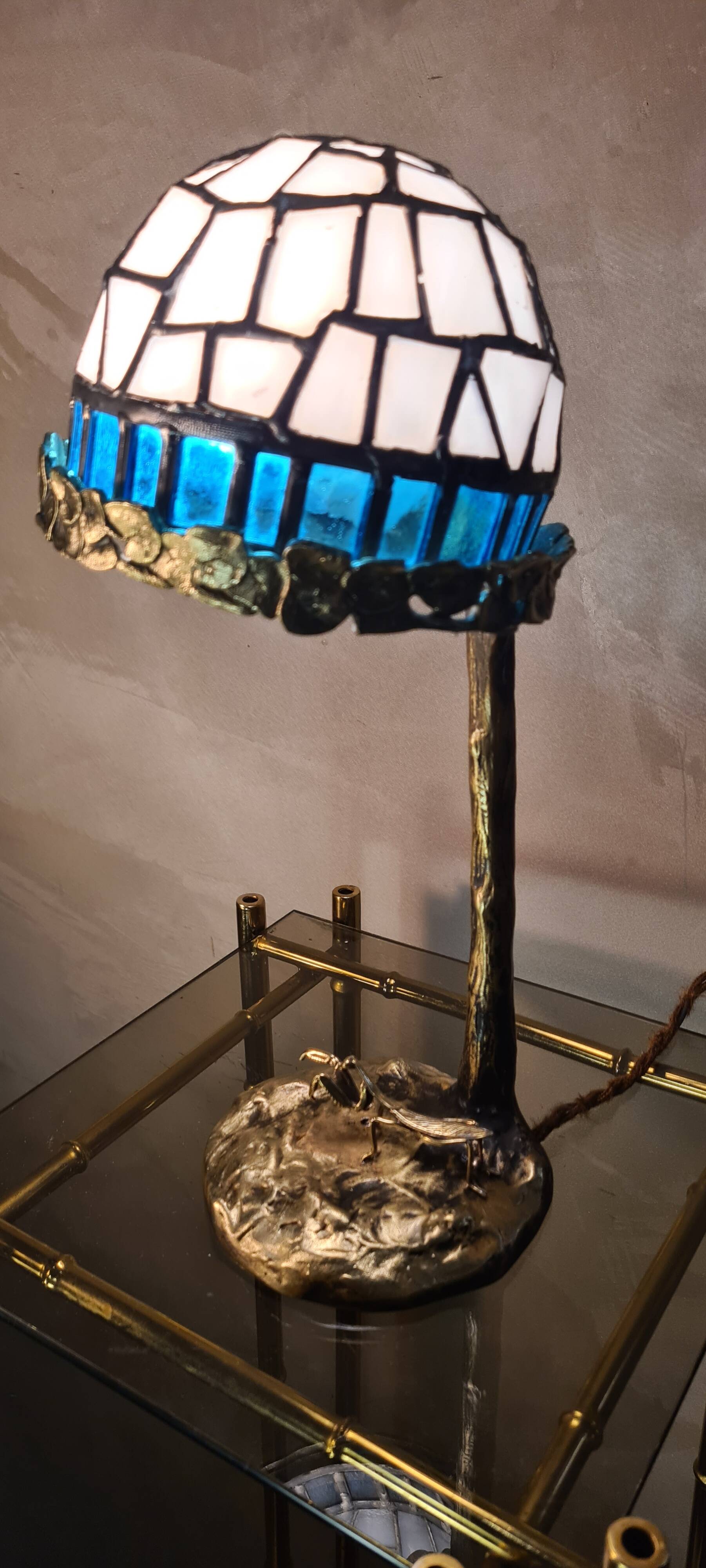 Small bronze praying mantis lamp, art nouveau, 32x15 tiffany style glass