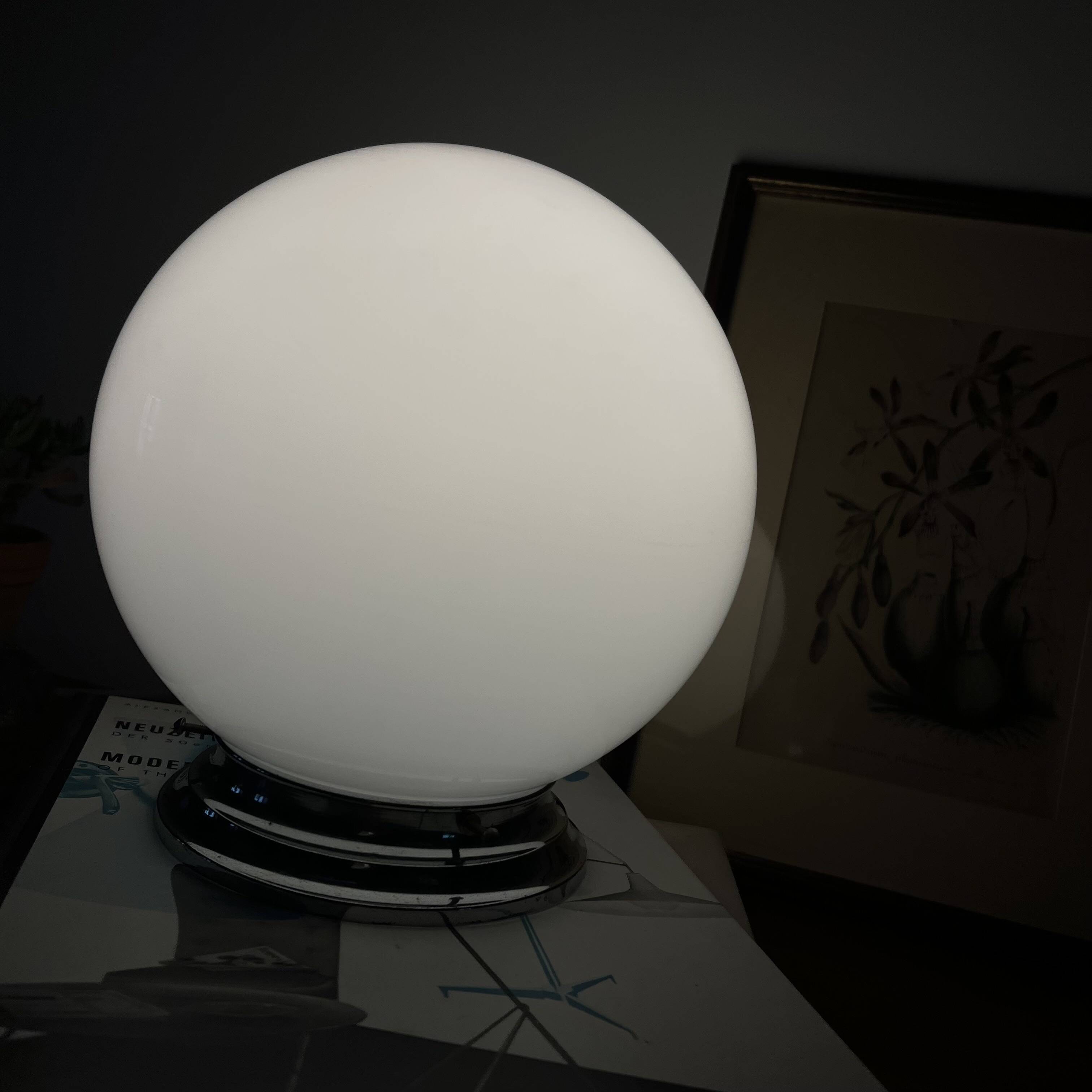 Ceiling light or wall light with white opaline glass globe 20 cm chrome rose.