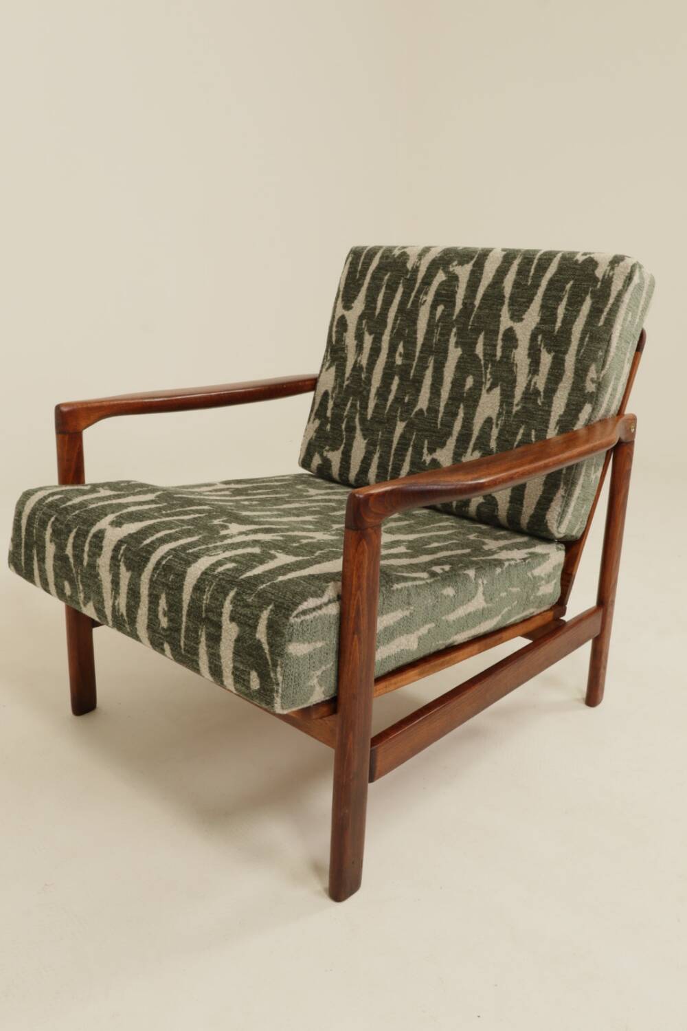 Vintage green jacquard armchair, mid-century modern design, 1965.