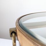 Table basse en laiton et cuir surpiqué