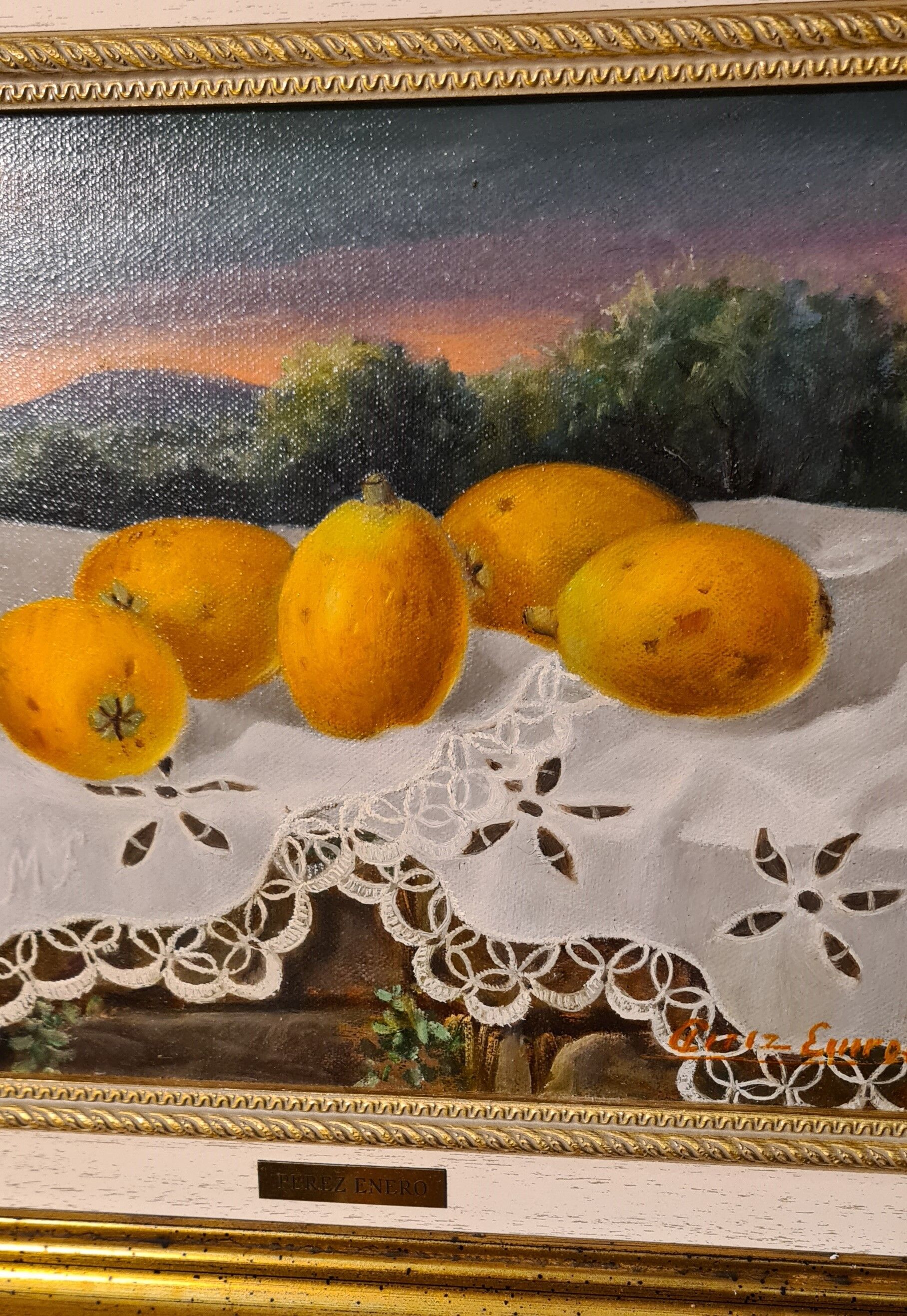 Painting by Perez Enero signed Still Lifes, H49x55 Superb framing very rare, because to paint