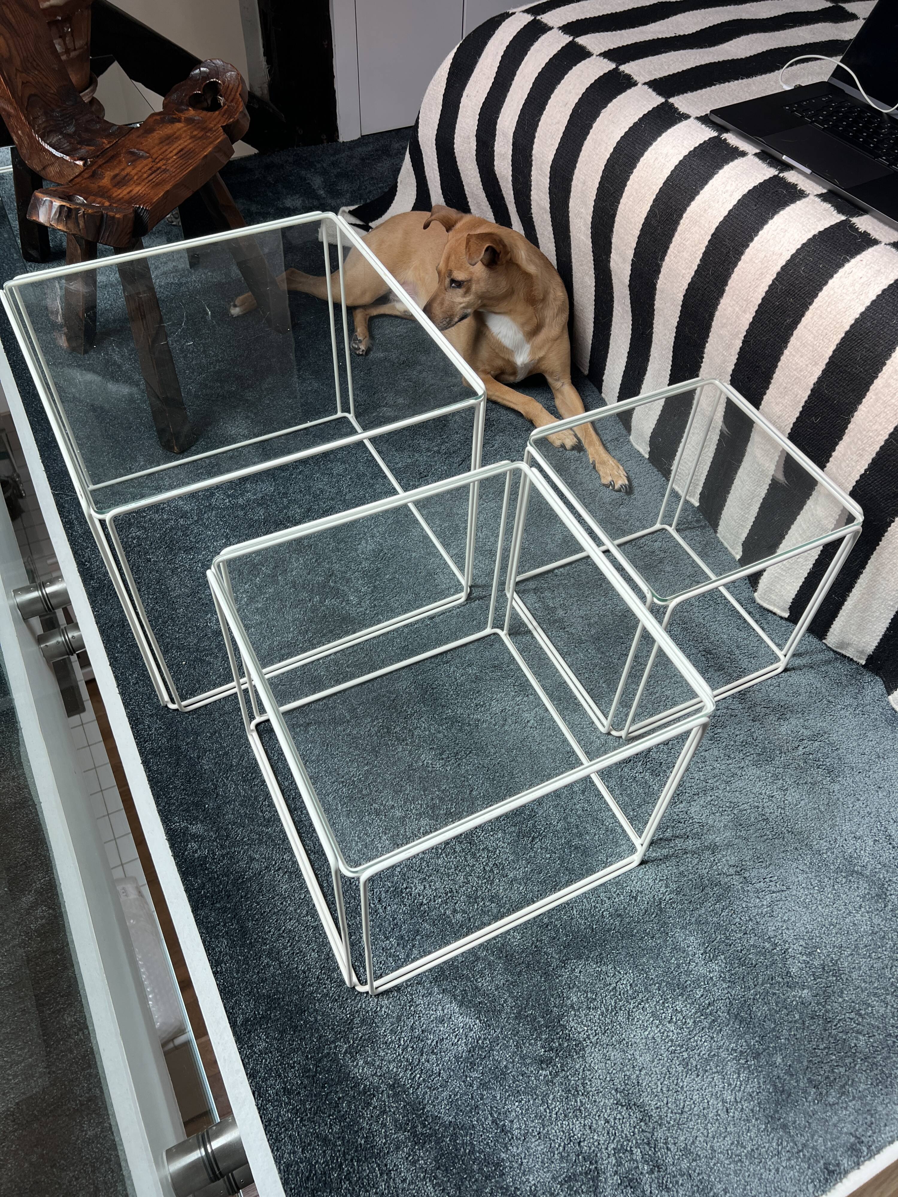 3 nesting tables by Max Sauze for Isocèle – 1970s – white metal & glass
