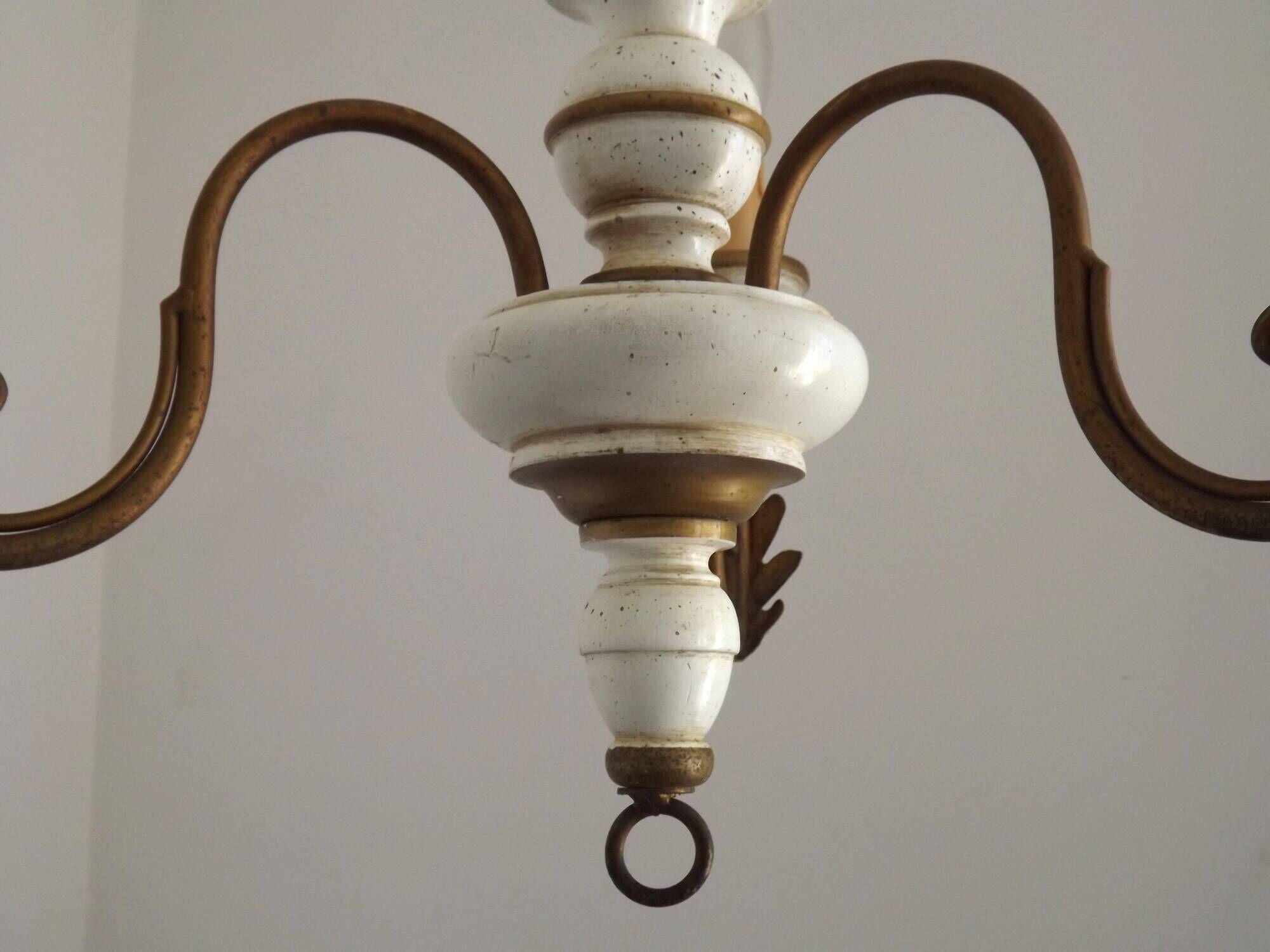 Vintage French 3-Light Chandelier White Wood & Bronzed Effect Metal