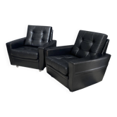 2 Black leather arm chairs 1960s on wheels