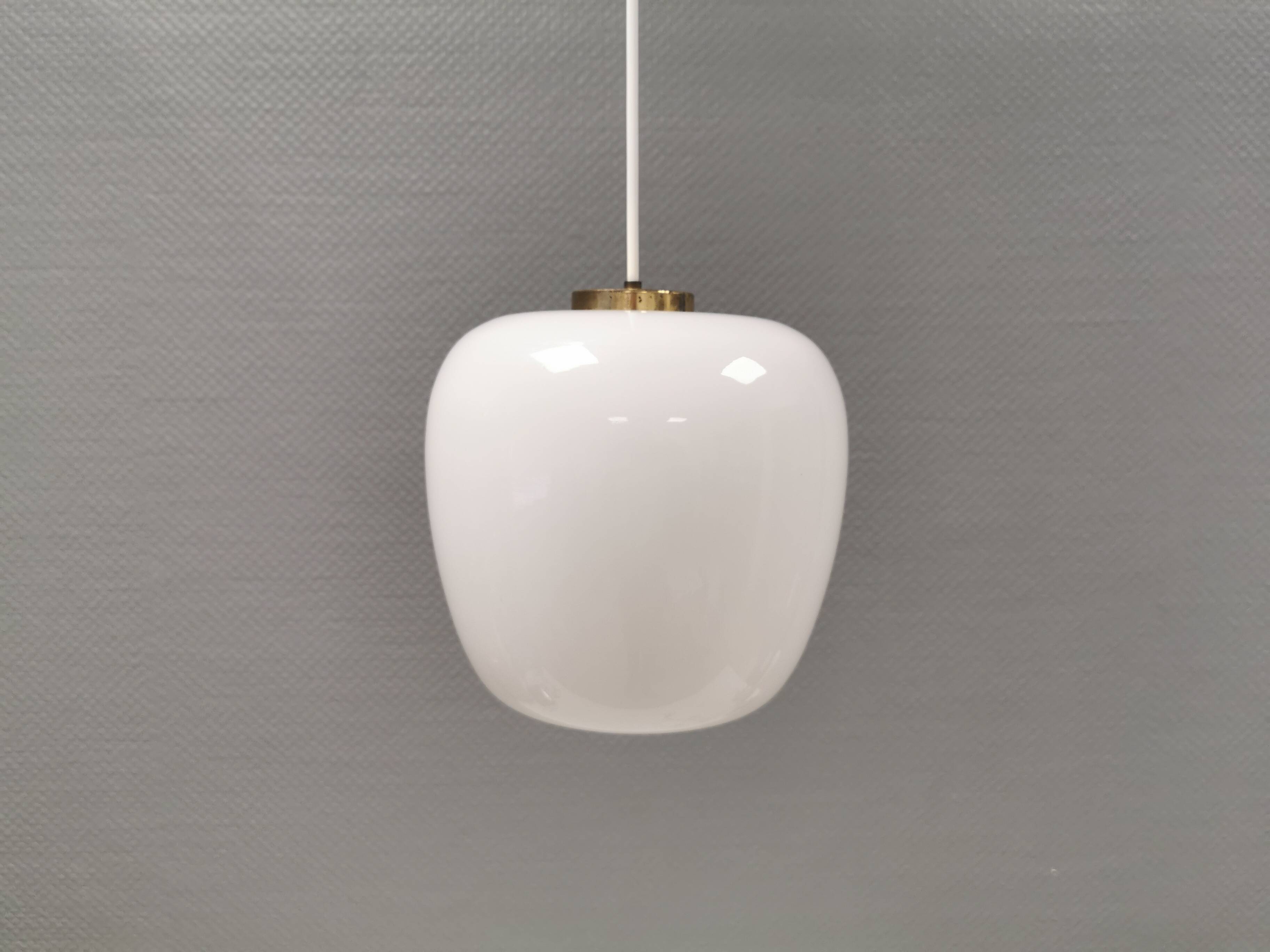 Hanging lamp in opal glass with brass top from Danish Fog&Mørup 1970s