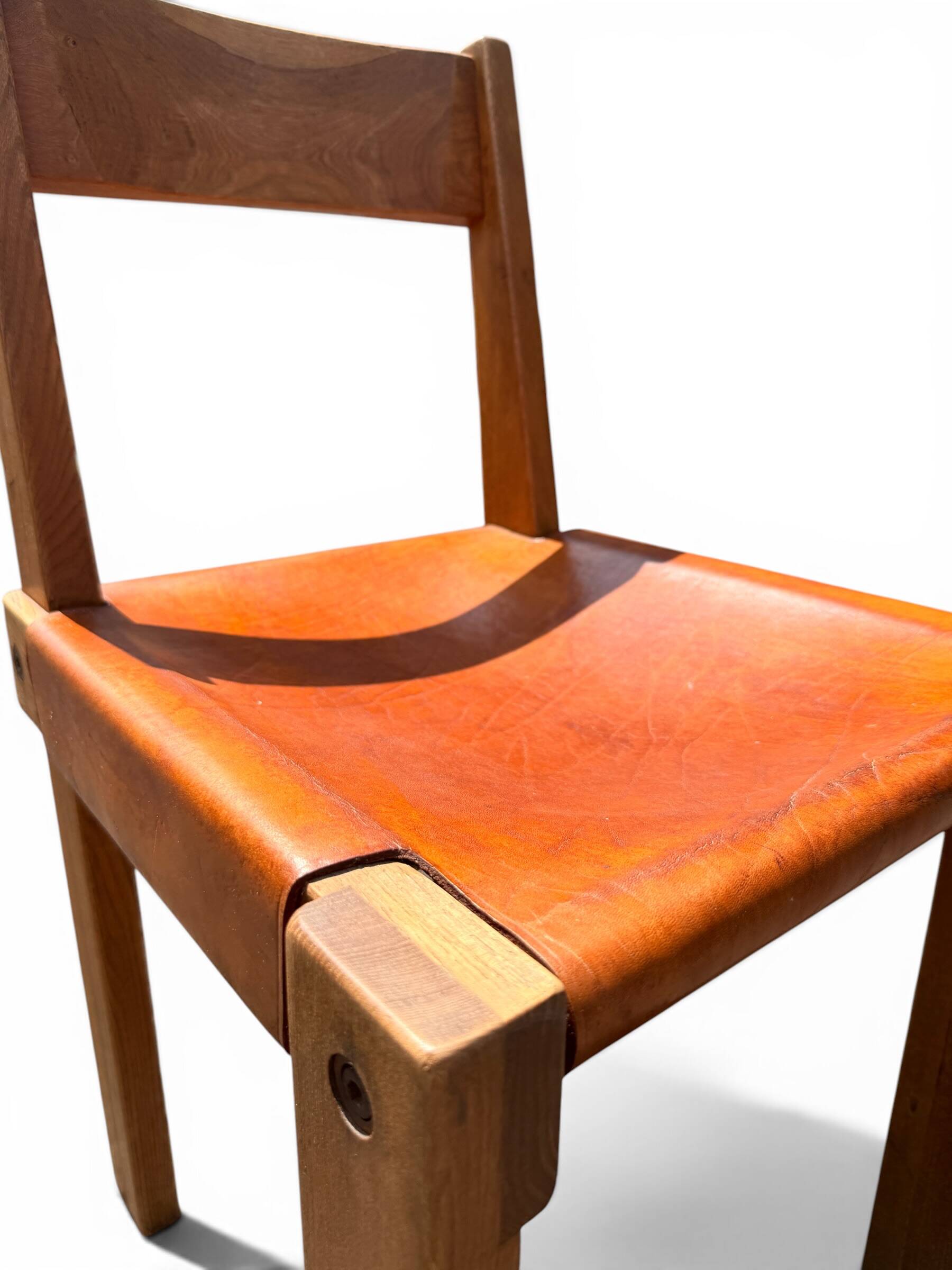 Chair S24 Pierre Chapo - Solid Elm & Cognac Leather Brutalist