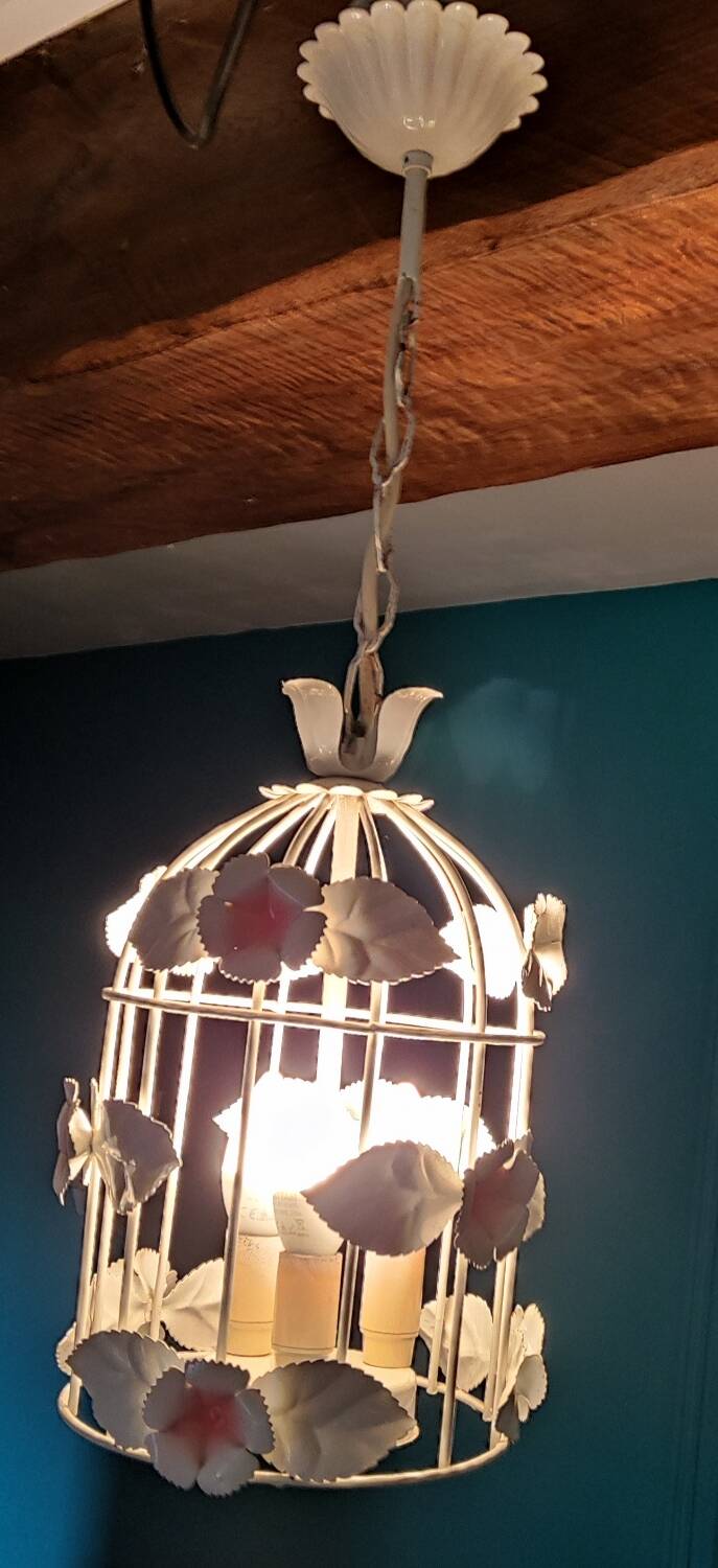 Vintage chandelier cage birds flowers white metal