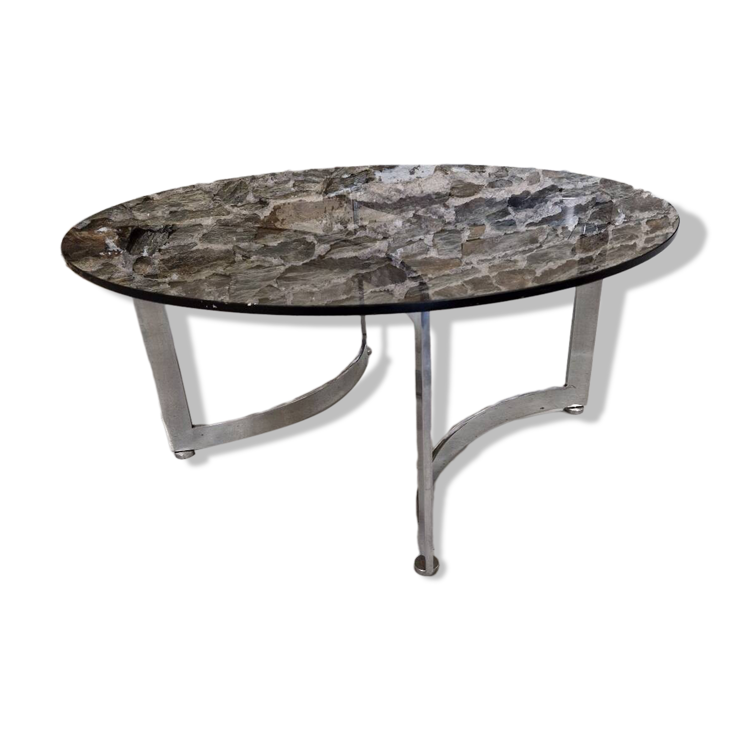 Table basse design Paul Legeard verre fumé et chrome