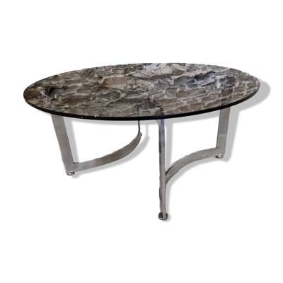 Table basse design Paul Legeard verre fumé et chrome