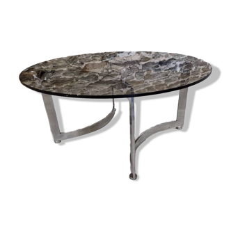 Table basse design Paul Legeard verre fumé et chrome