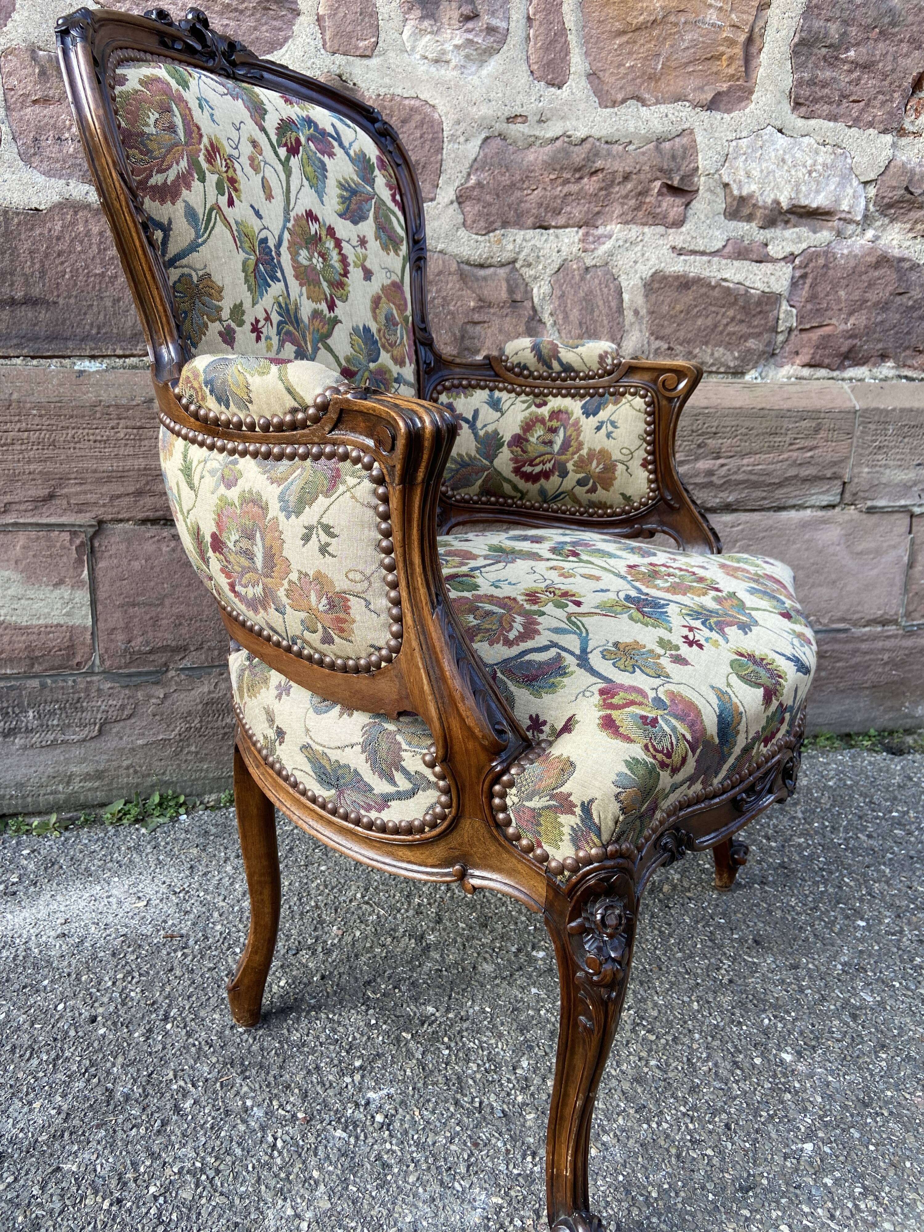 Armchair seat Louis XV Rocaille 1900s rococo Carved walnut