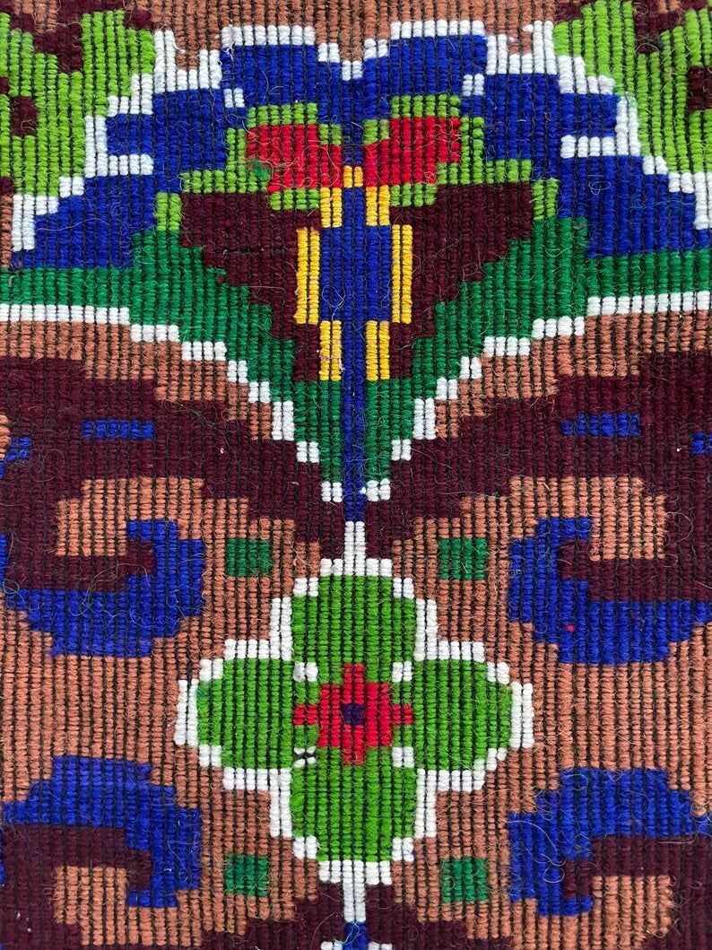 Handwoven vintage accent geometrical rug, colorful wool, wine colour with green and blue accents