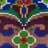 Handwoven vintage accent geometrical rug, colorful wool, wine colour with green and blue accents