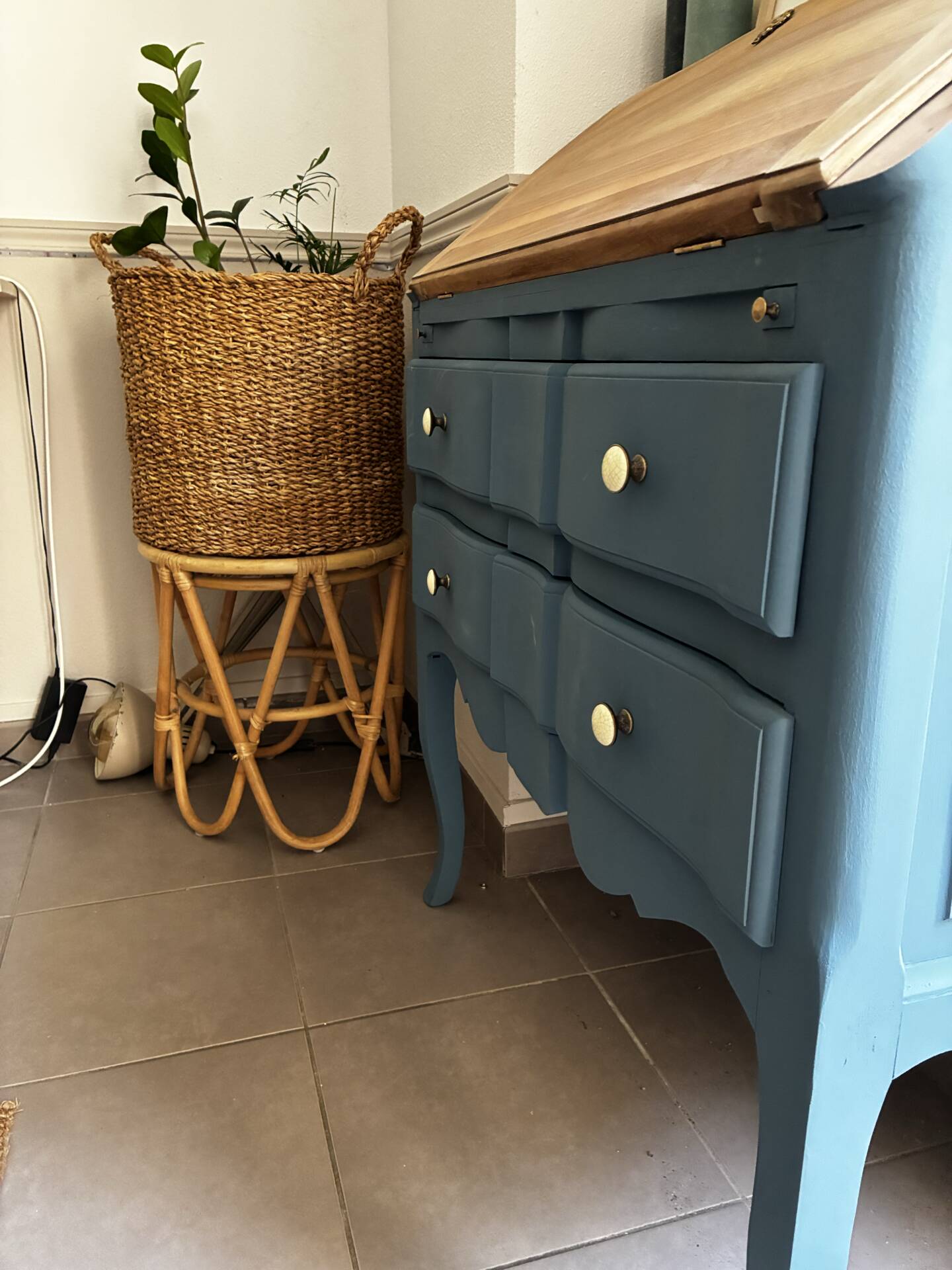Restored antique drop-leaf secretary – natural wood & Night Blue