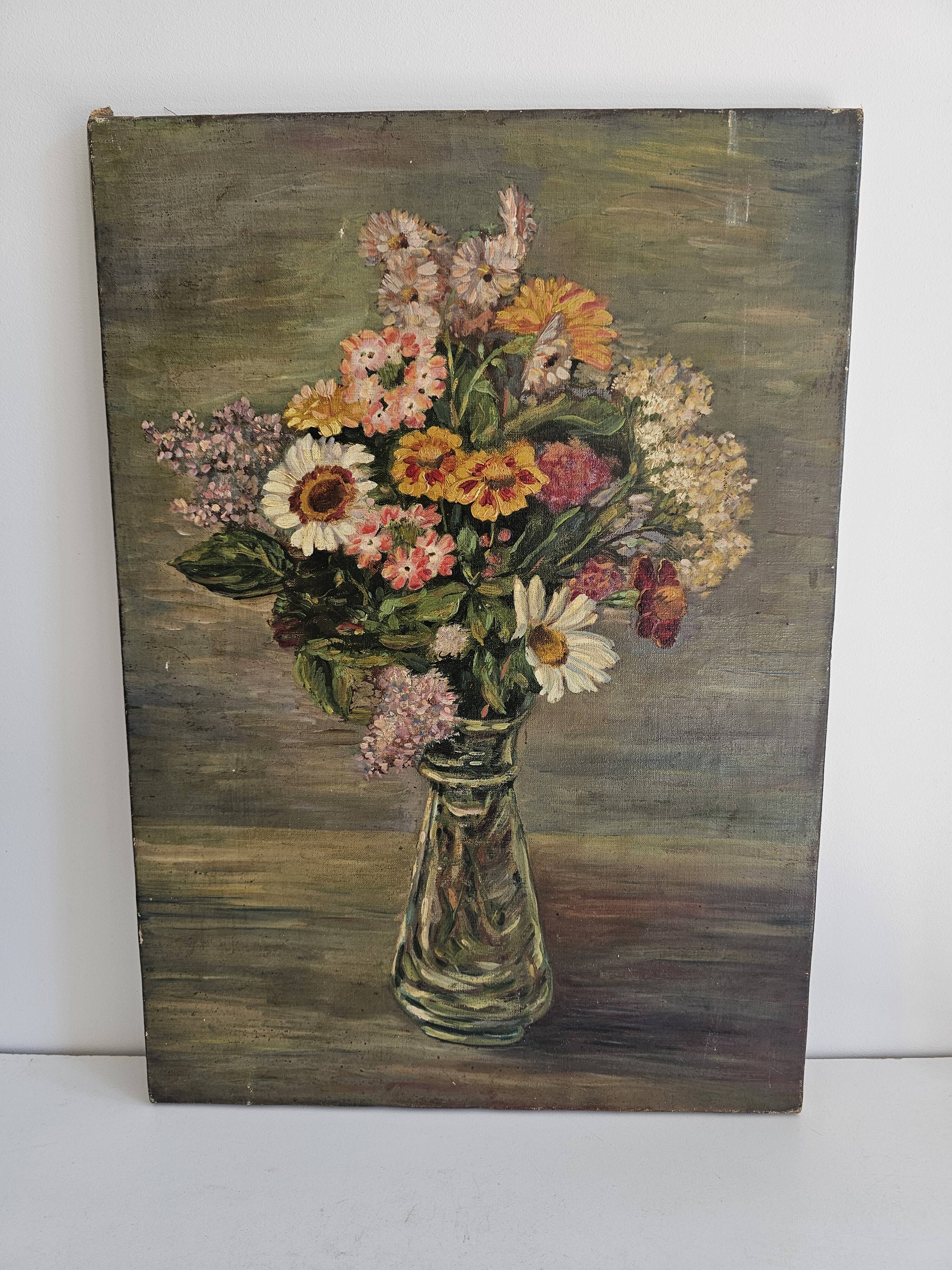 Old Oil on Canvas Painting - Still Life Spring Flower Bouquet