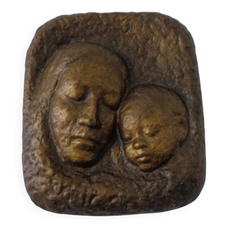 German bronze relief of mother with baby, 1940s.