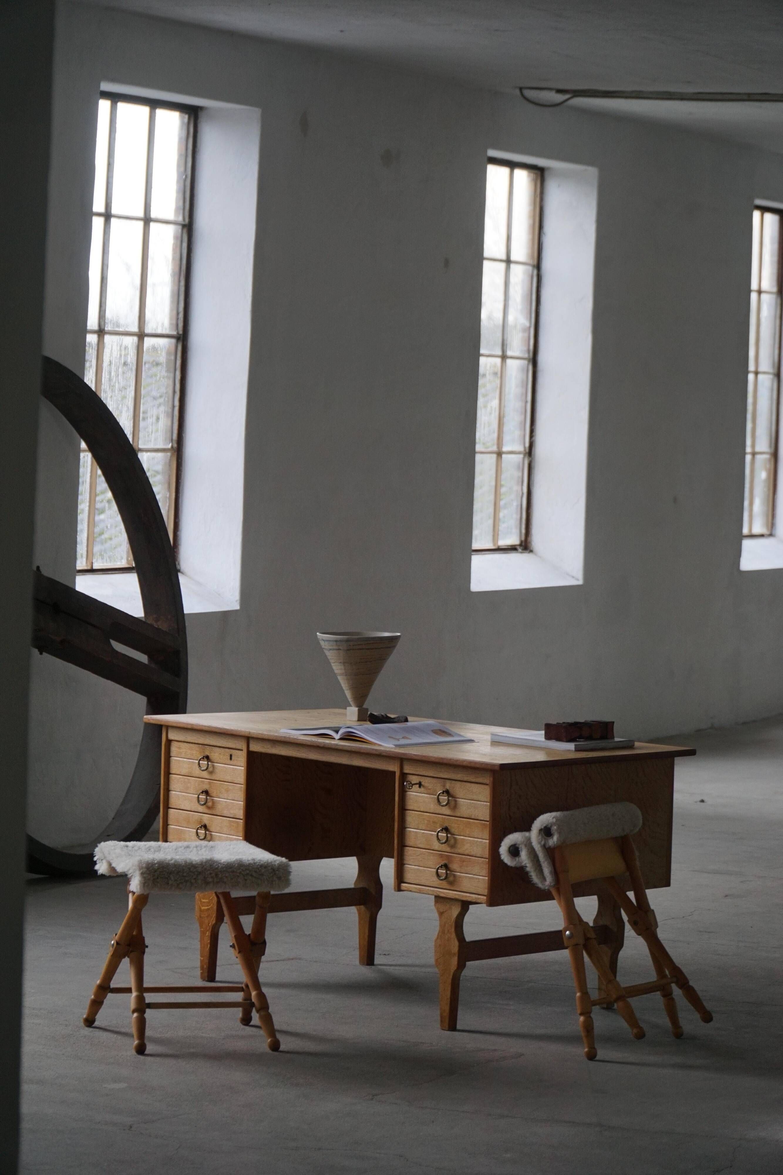 Free-standing oak desk by Henning Kjærnulf, mid-century Danish modernism, 1950s.