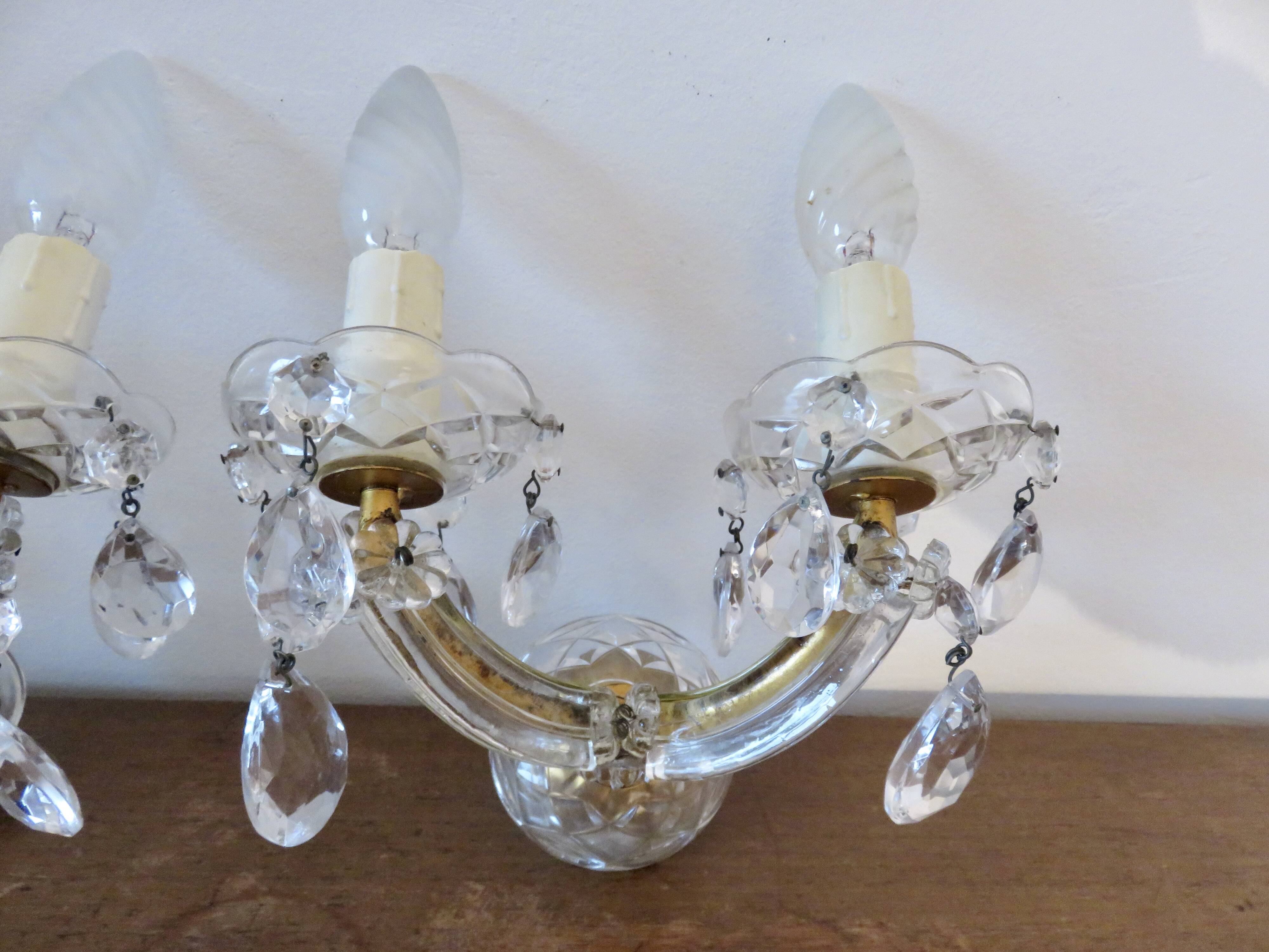 pair of double wall sconces with crystal pendants, made in Italy