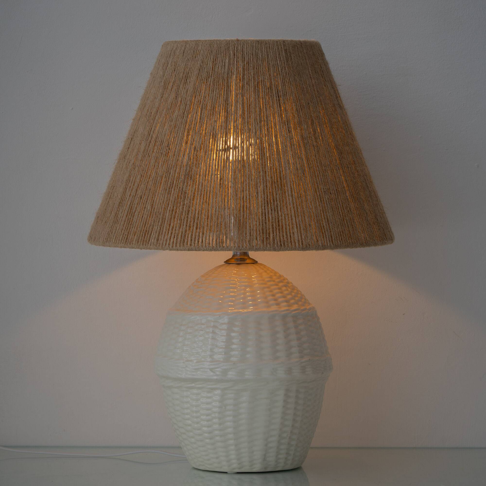 Pair of white ceramic table lamps with faux wicker texture, Spanish coastal design, 1970s