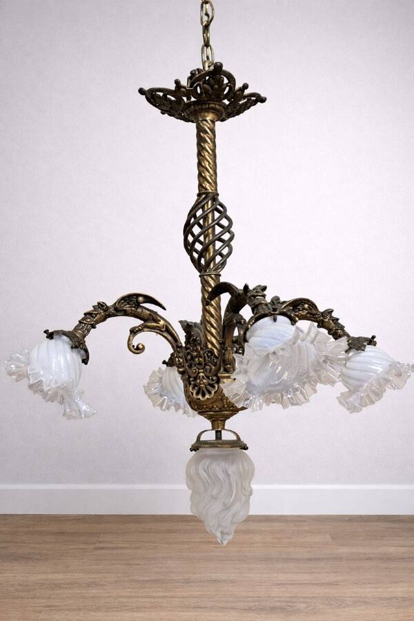 Important lustre en bronze doré à cinq lumières époque Napoléon III XIXe