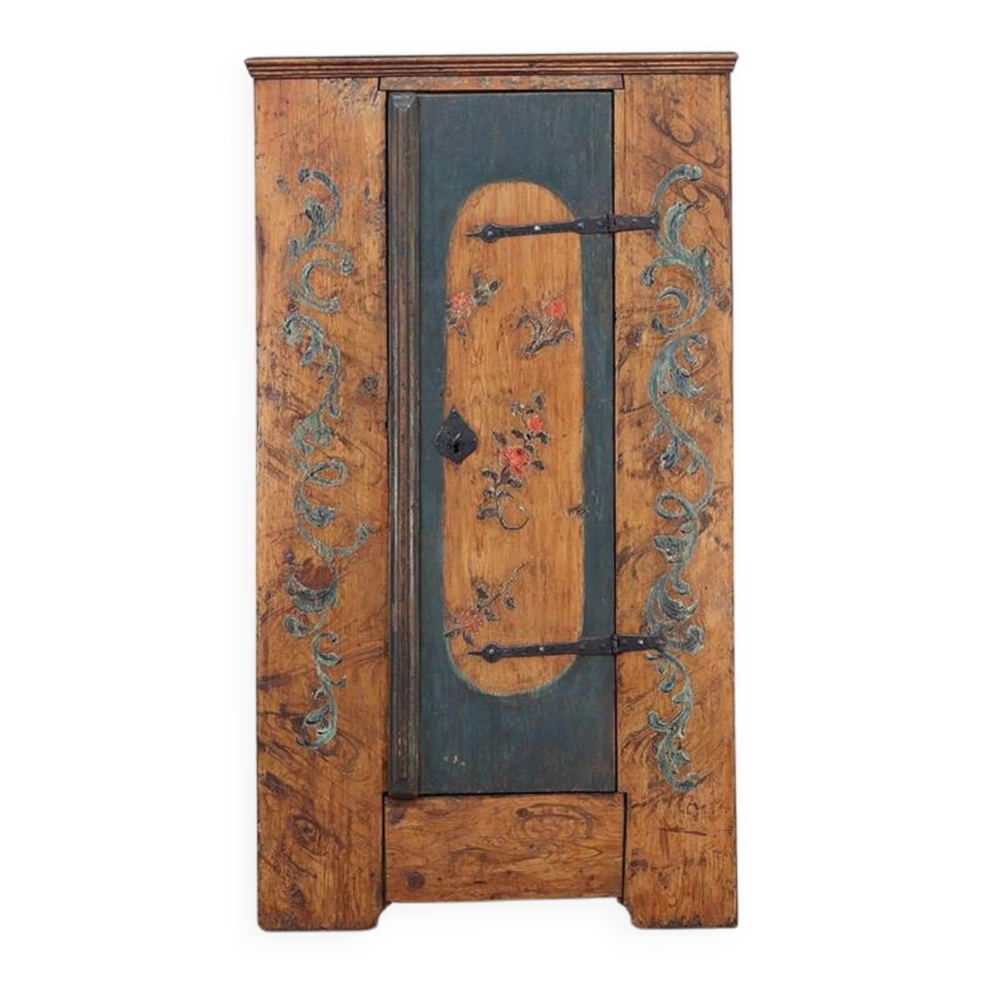Cabinet de mariée primitif en art populaire peint de ferme antique du XVIIIe siècle