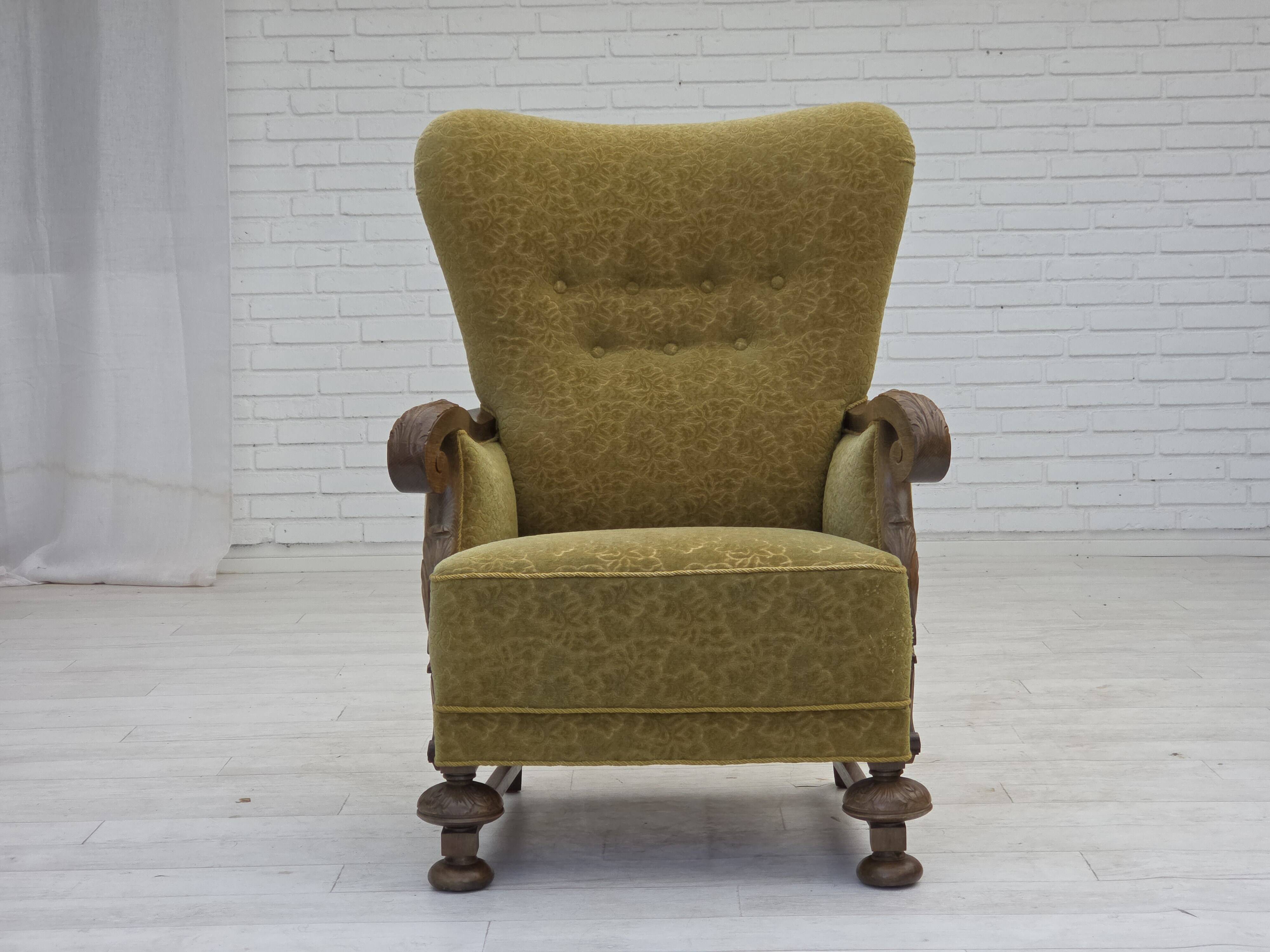 1960s, Danish highback armchair, furniture cotton/wool fabric, oak wood.