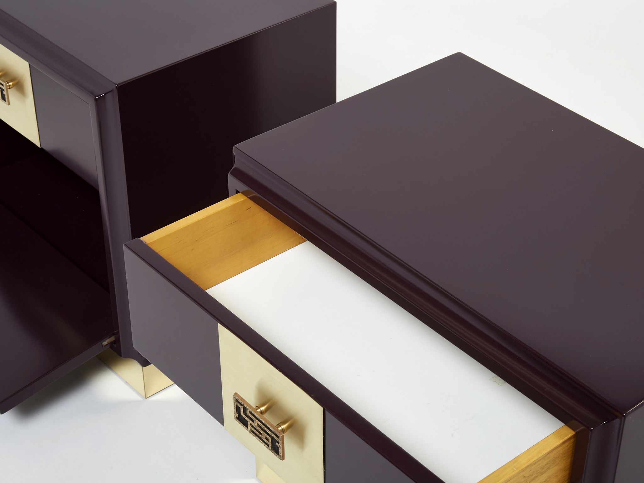 Pair of brass plum lacquer bedside tables Luciano Frigerio Italy 1970