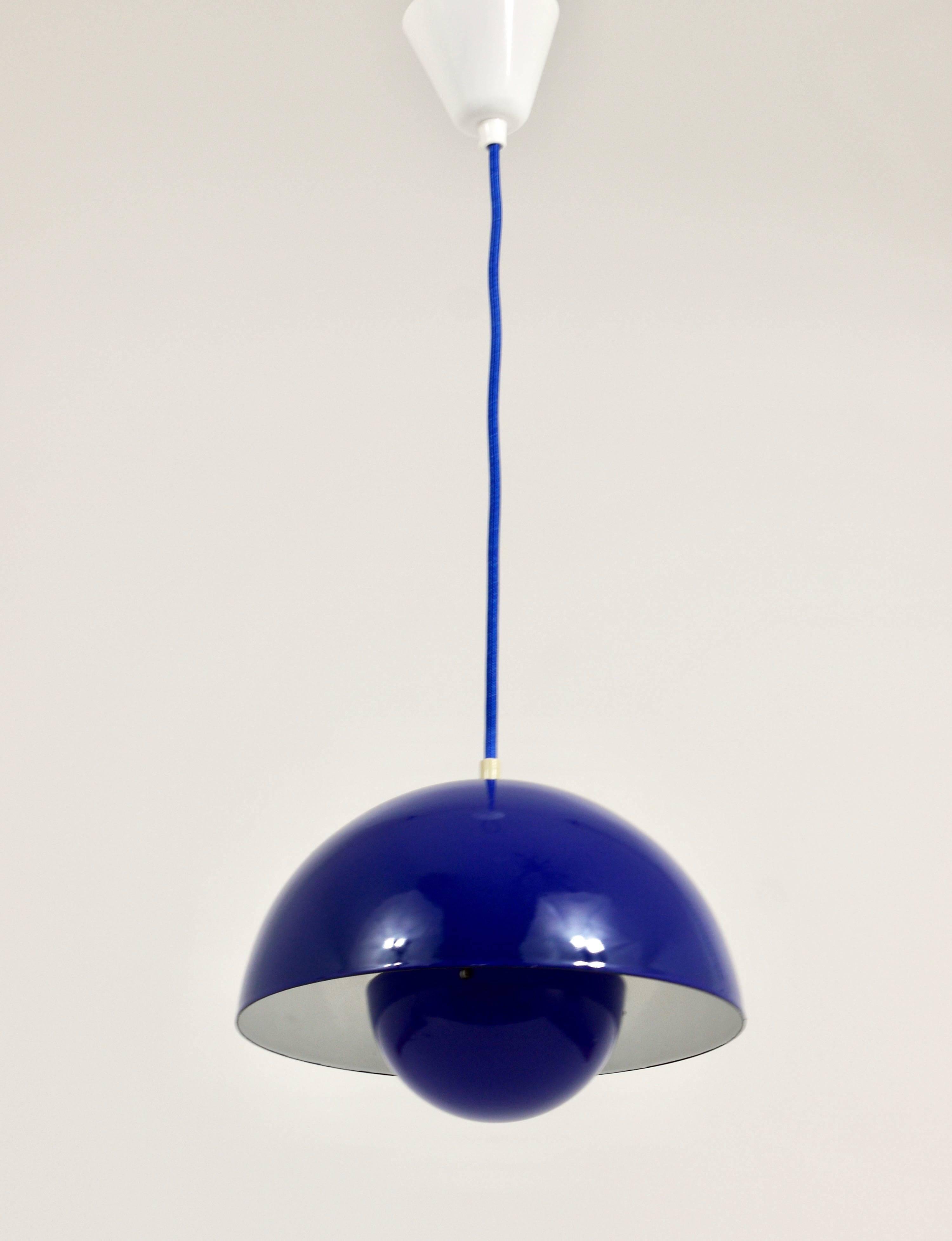 Blue enamelled suspension flowerpot by Verner Panton for Louis Poulsen, Denmark, 1969.