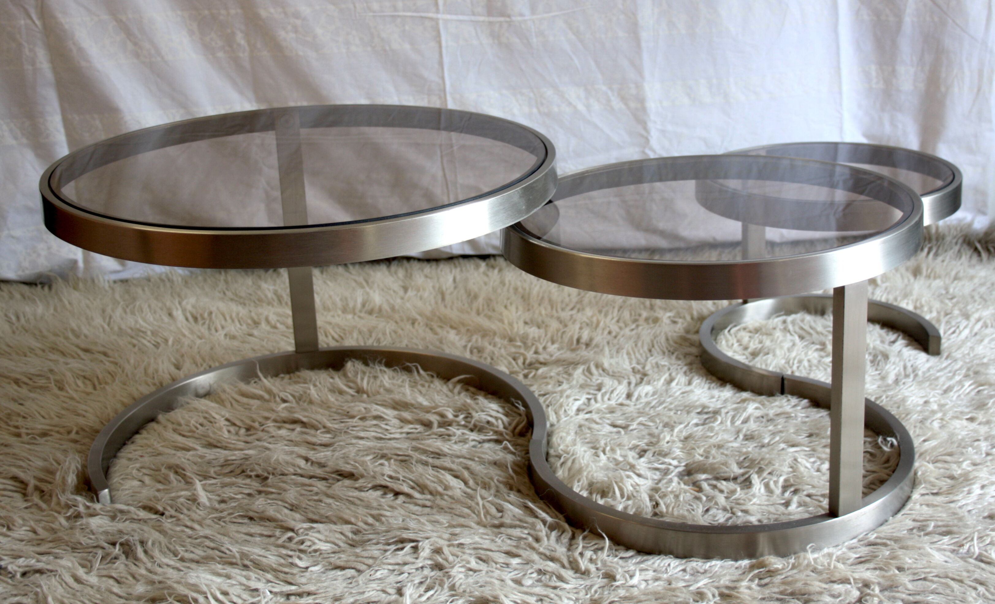 Pull-out tables (x 3) steel and glass smoked - 70s