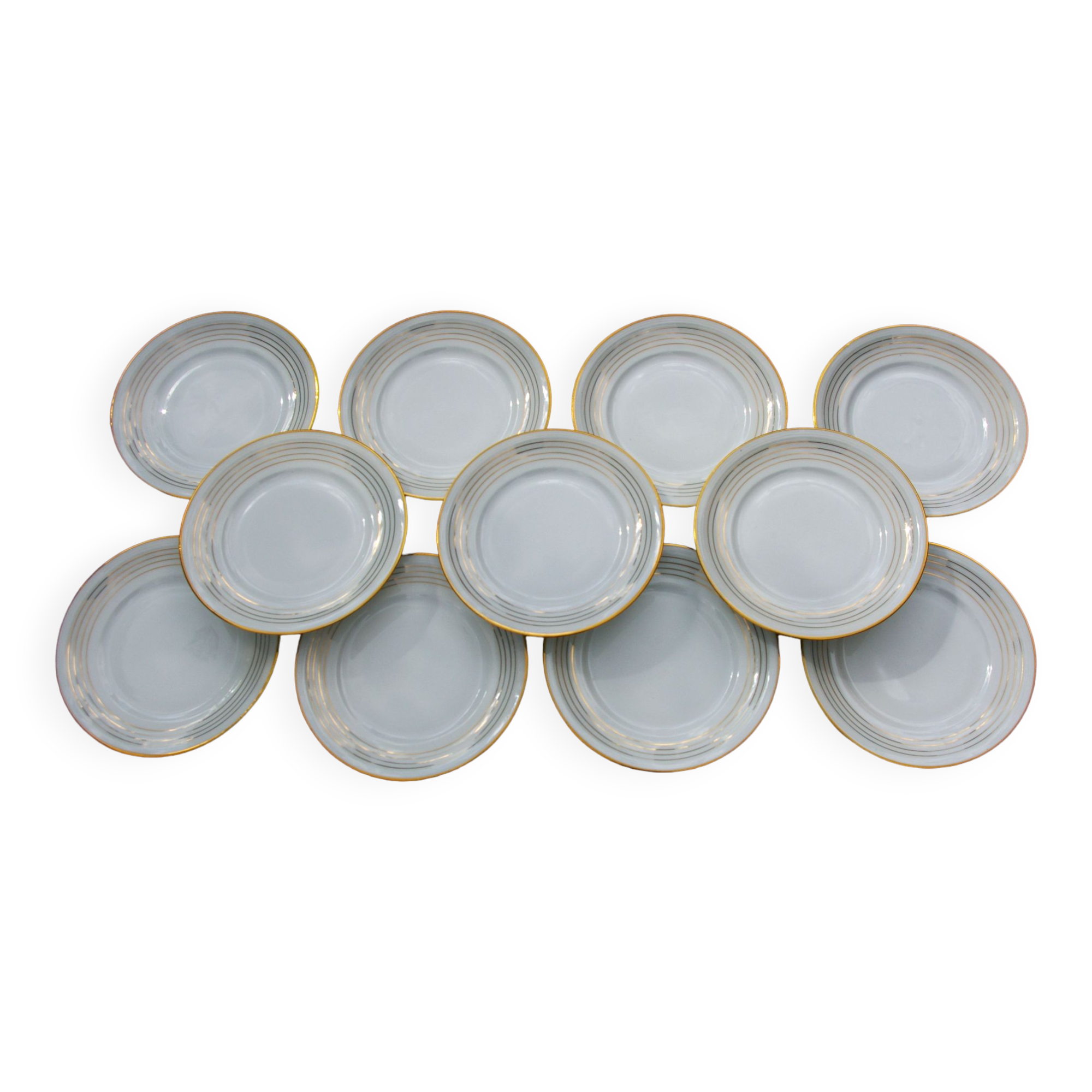 11 Dessert Plates in White Porcelain and Art Deco Gold